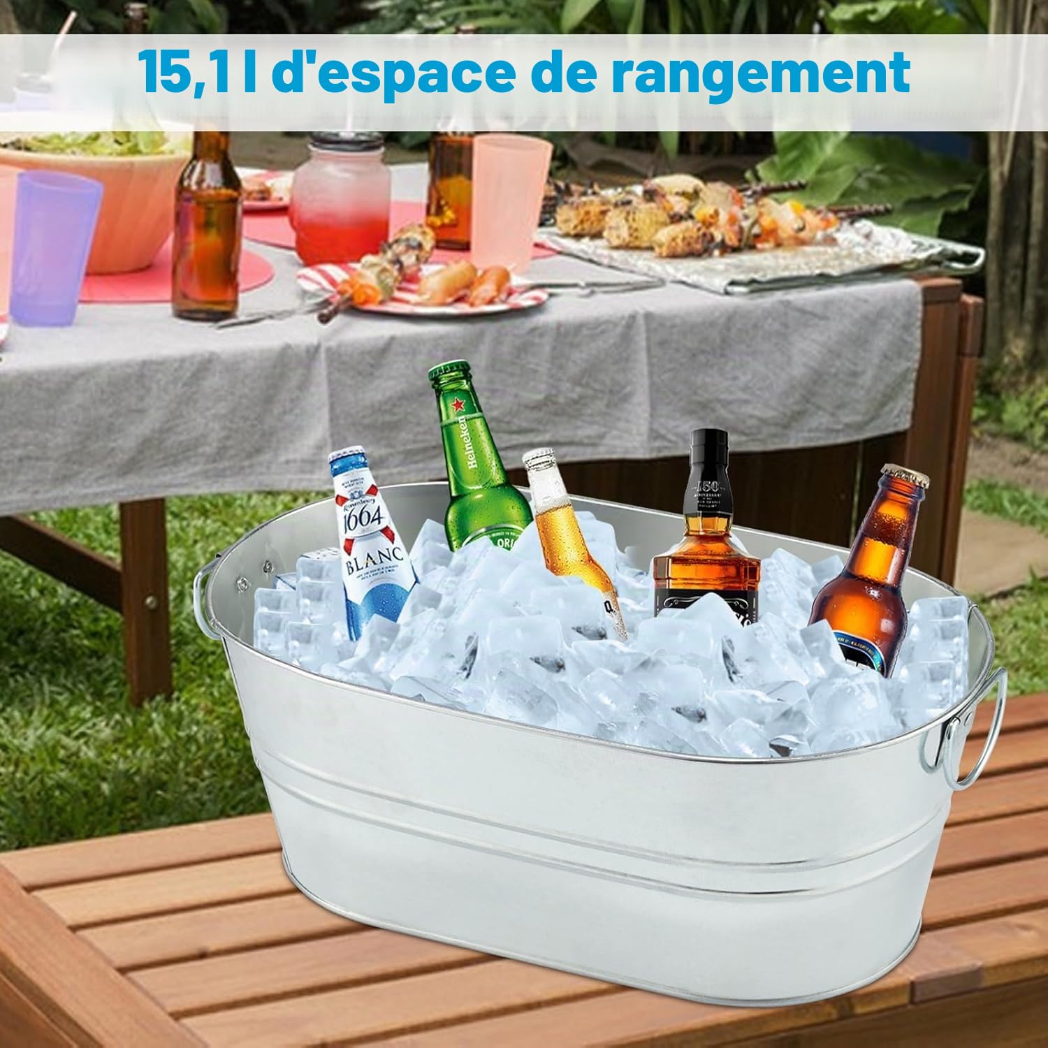 Lot de 4 grands seaux à champagne galvanisés de 13 L avec poignée de transport pour fêtes, barbecues et bars, bouteilles de refroidissement, canettes de bière ou boissons gazeuses, bière, champagne