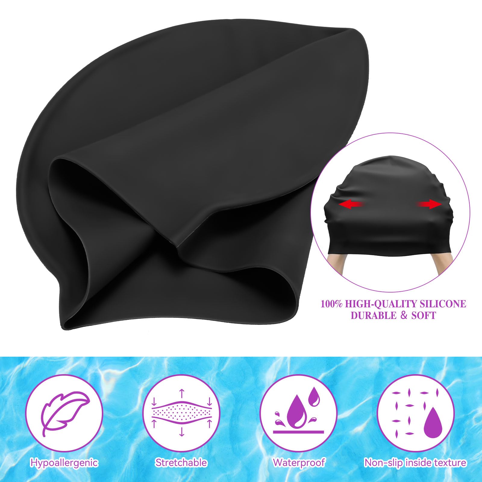 Silkfly Gorro de natación unisex de silicona para hombres y mujeres, impermeable, duradero, antideslizante, elástico, sin arrugas, para entrenamiento y carreras, pelo largo y corto