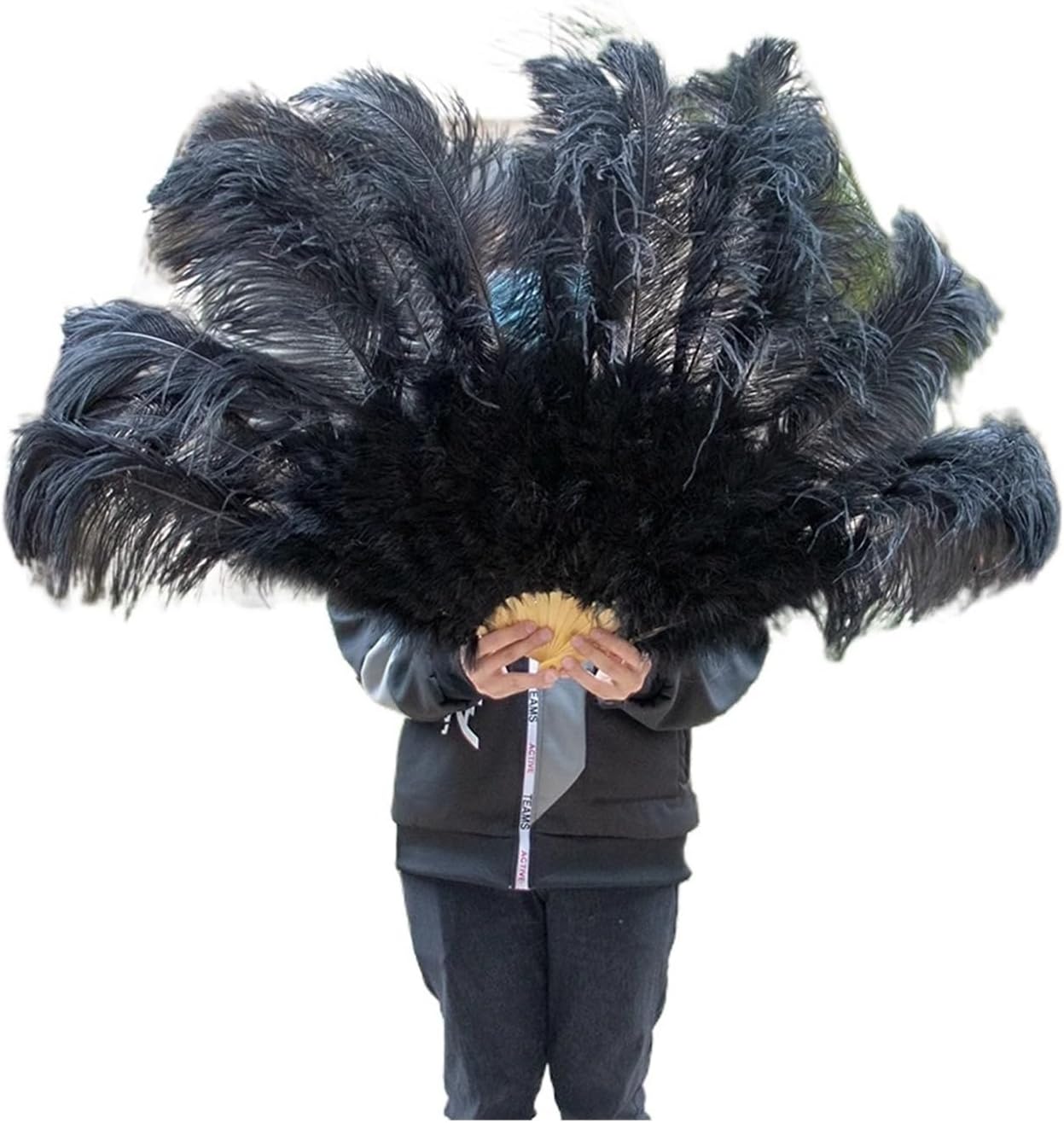 Feather Fan,90cm Ostrich Feather Fan 13Bone Hand Crafts Fan with Feather for Dancer Stage Performances Decor Folding Feather Fans(Black,Two Hand)