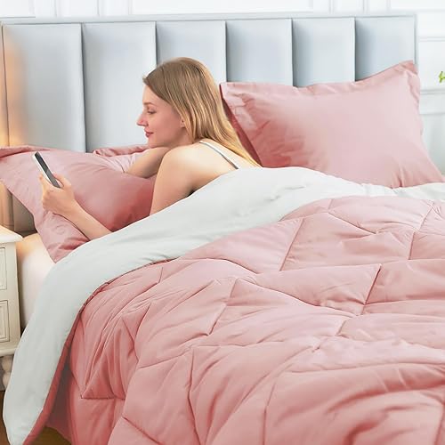 Miniatura 2 de JOLLYVOGUE Juego de edredón tamaño Queen rosamarfil, juego de cama reversible en una bolsa para todas las estaciones, juego de cama de 3 piezas con