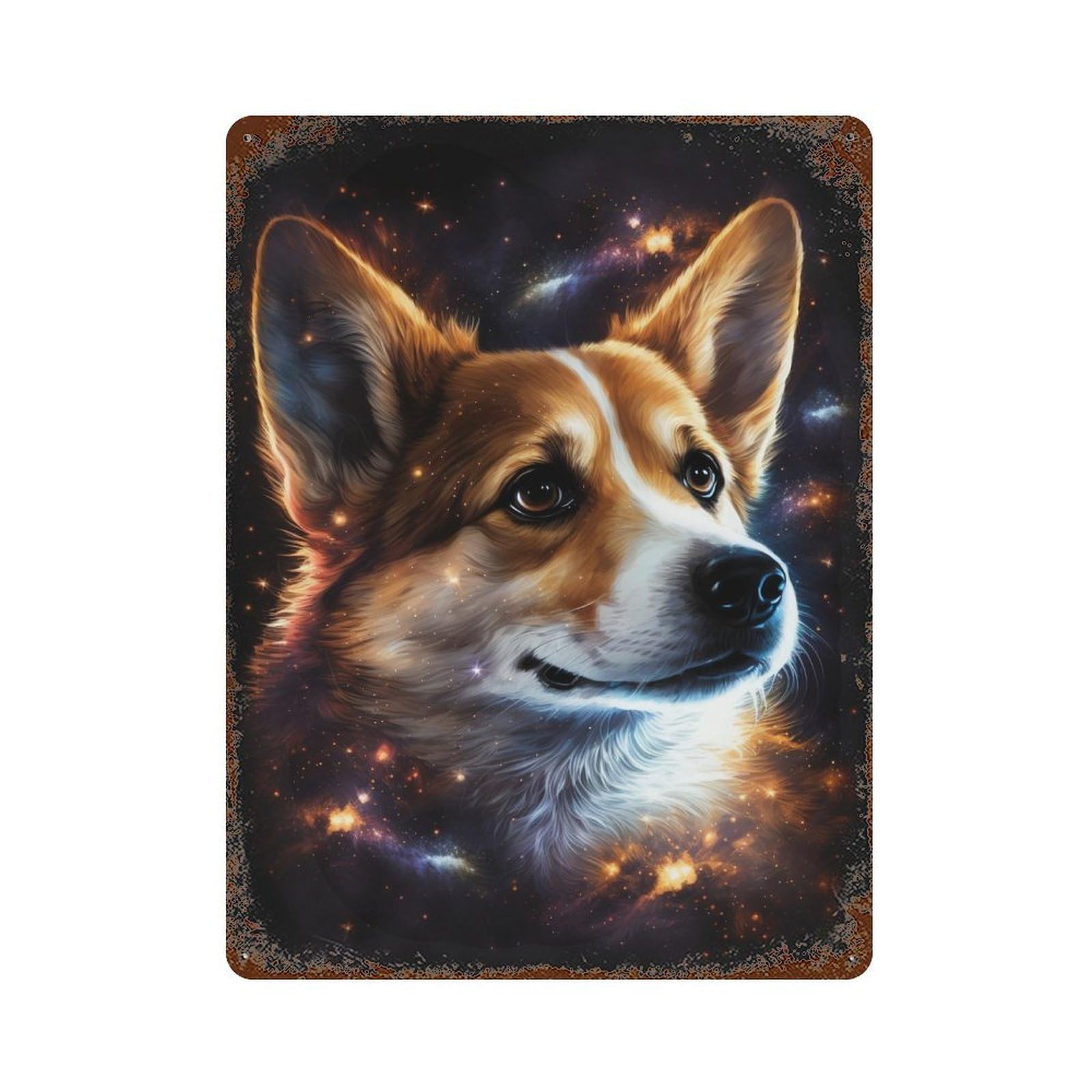 Cosmic Corgi Portrait-26 Vintage Rust Metal Sign 15.7"x11.8", for Garage, Bar And Workshop Decor, Decorative Metal Wall Art