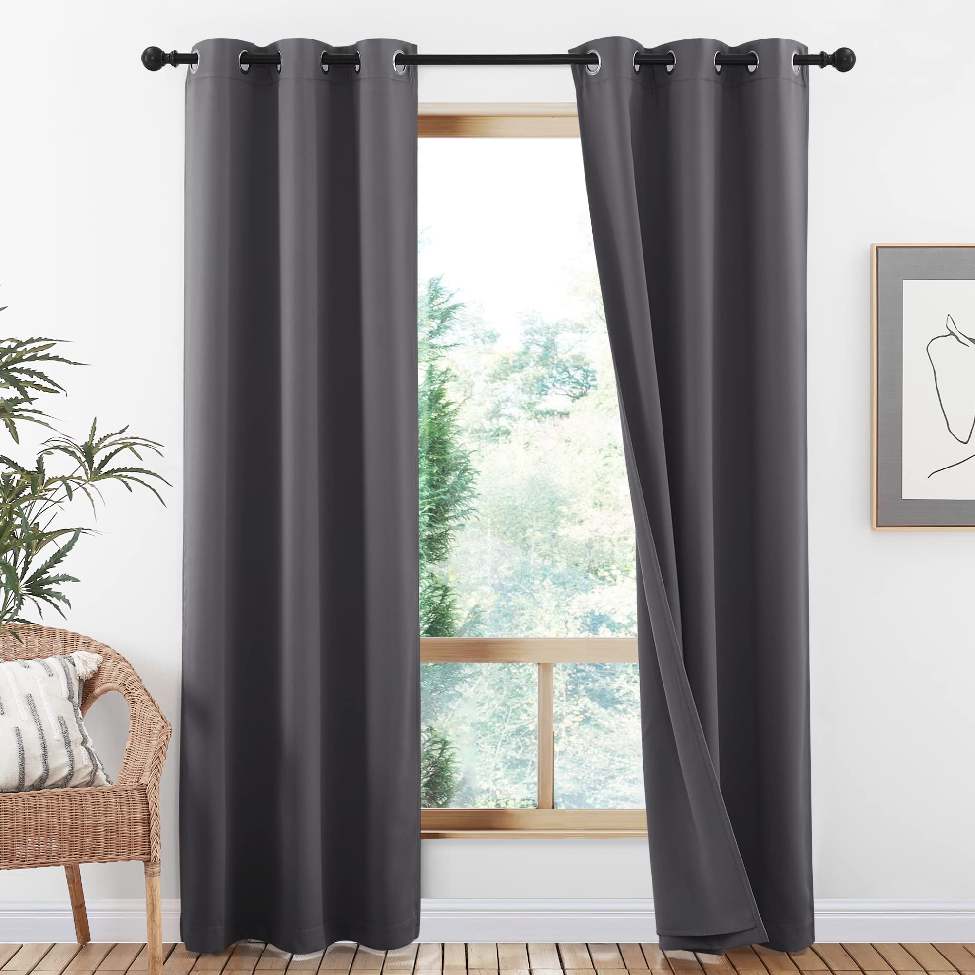 NICETOWN Dark Grey Full Shade Curtain Panels, Pair of Thermal Insulated &amp; Energy Efficiency Blackout Curtains for Living Room Windows, Lined Silky Performance Window Dressing (42W x 84L, Gray)