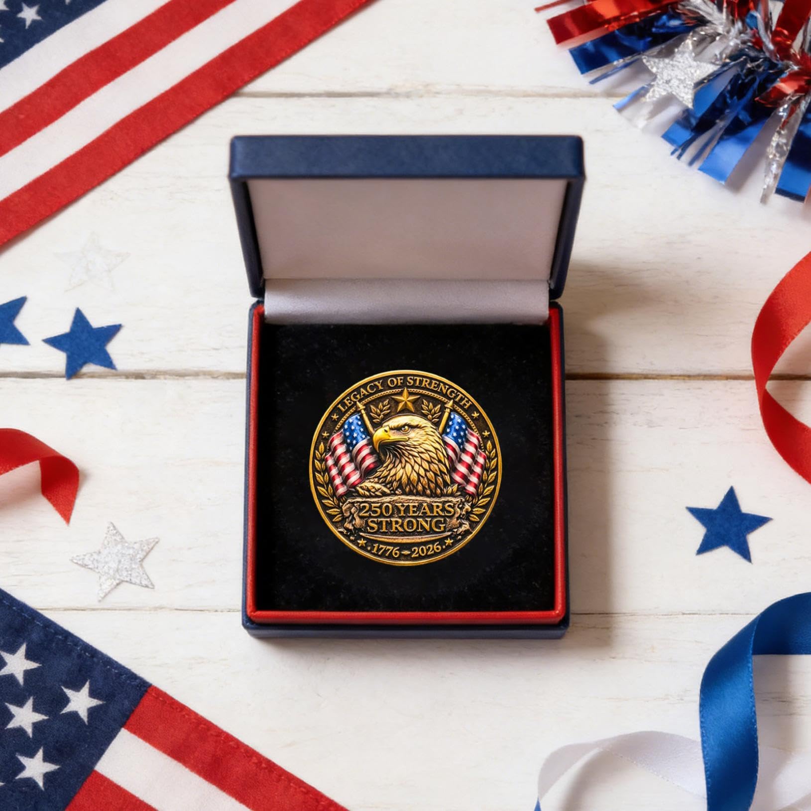 250th Anniversary USA Commemorative Coin Set including Wooden Gift Box, Patriotic Eagle & Liberty Bell Coins - Image 6