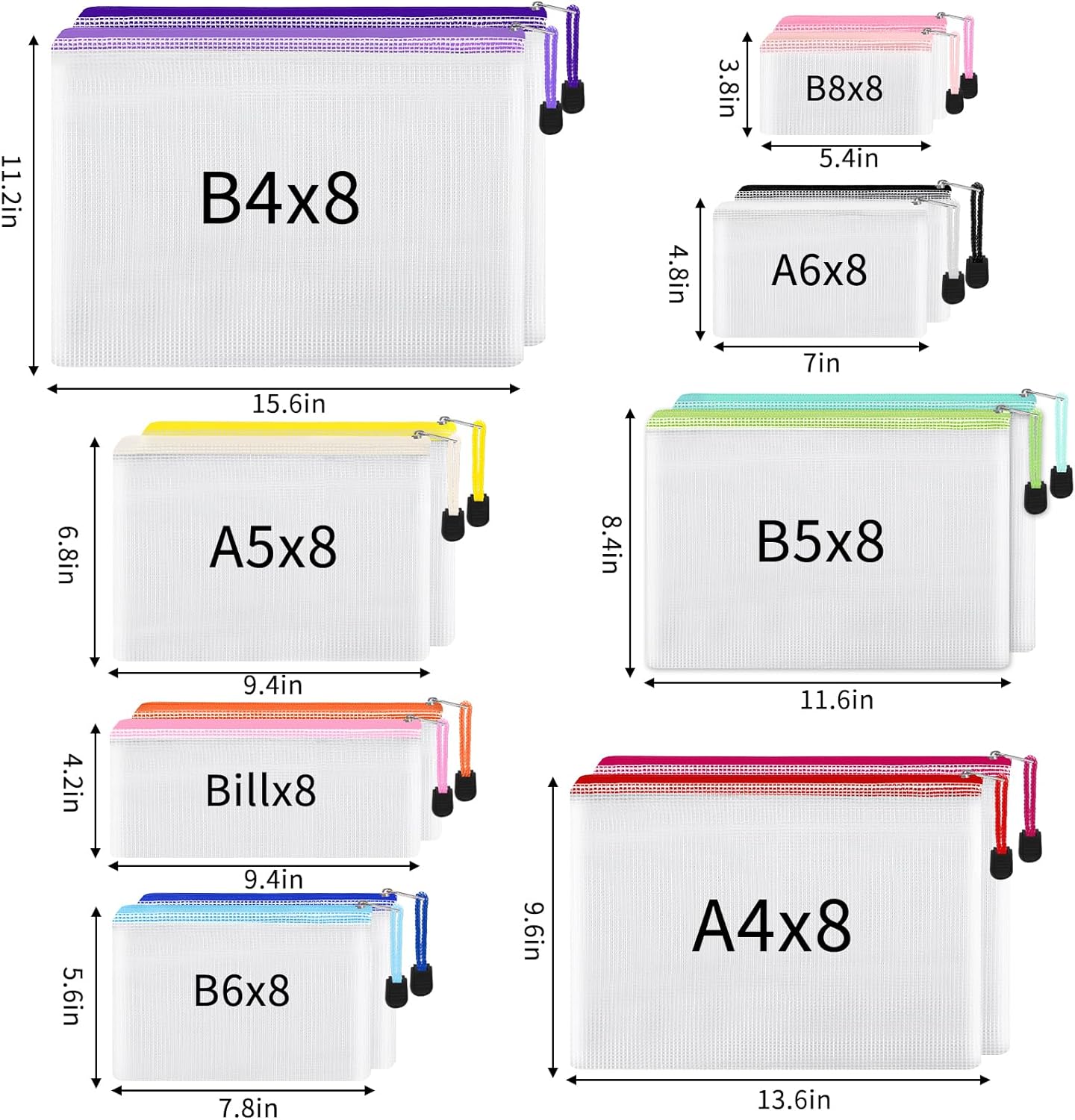 EOOUT 64pcs Mesh Zipper Pouch Bags, 8 Sizes Plastic Bags, 15 Colors Waterproof Pouches with Slide Fastener for Organization, Multipurpose for Travel, School Supplies, Office and Home Organization