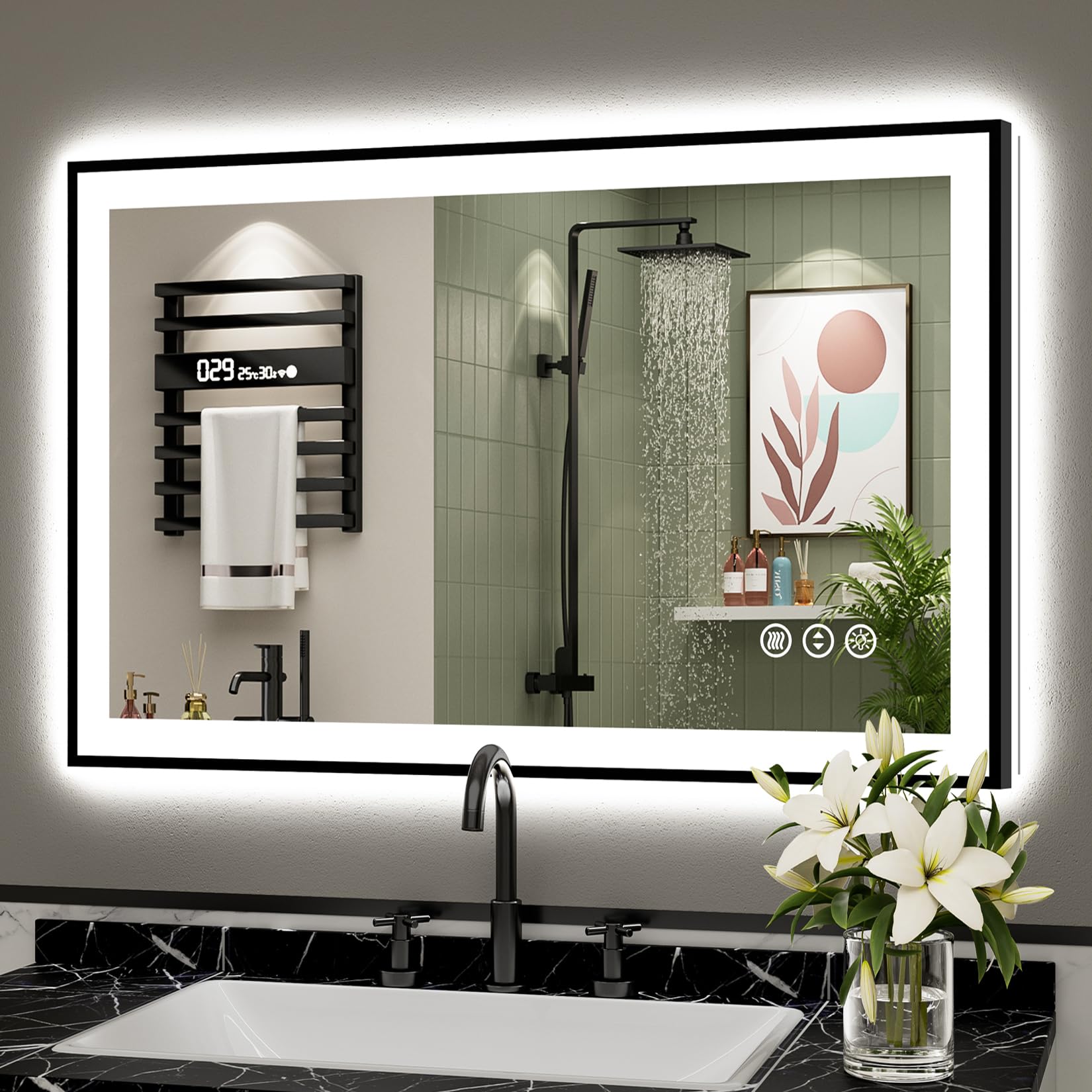 40x24 Black Framed LED Bathroom Mirror, Backlit &amp; Front Lit
