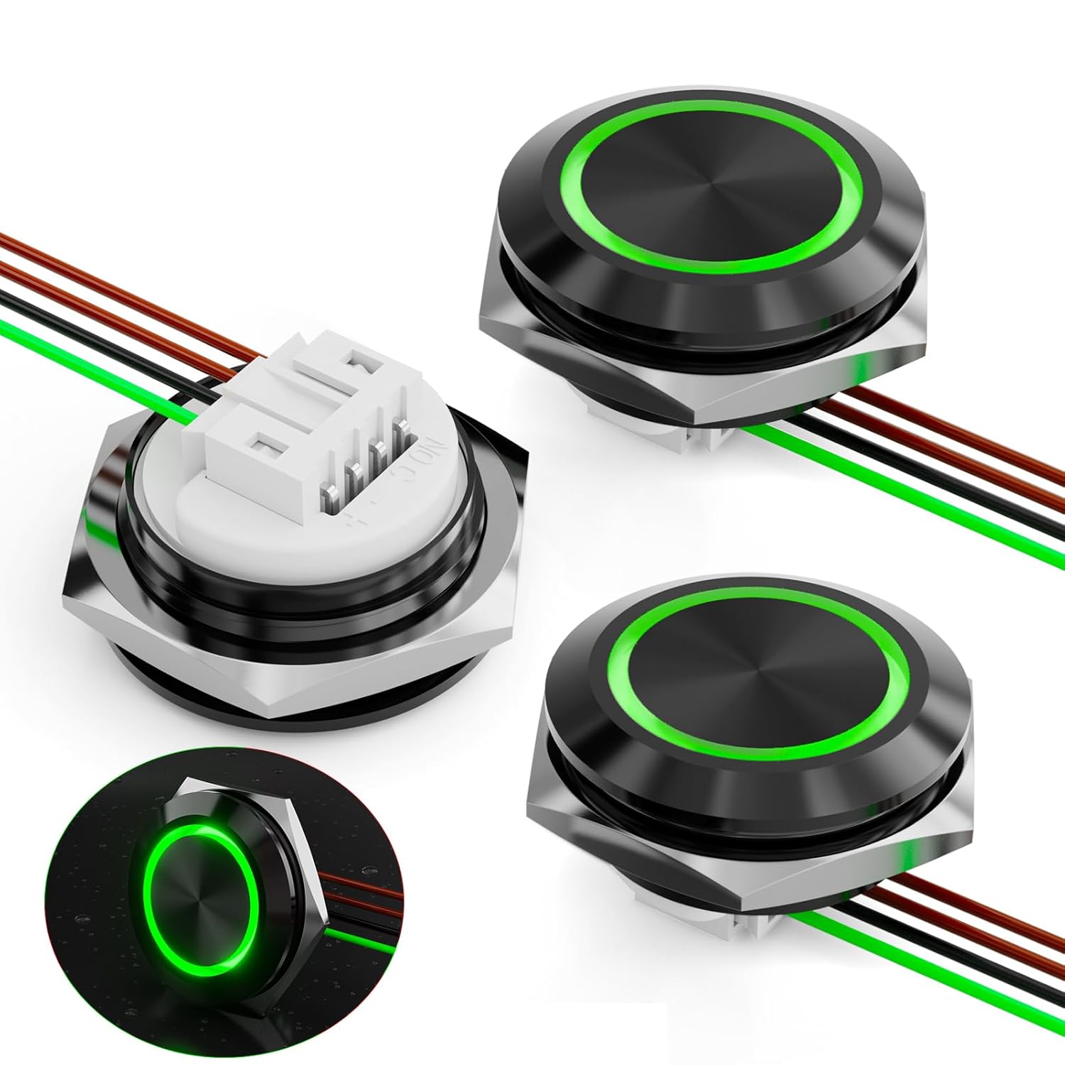 3PCS 19 mm Ultra Thin Momentary Push Button Switch 12v 24v IP67 Waterproof Short Touch Button Switch Green LED with Plug-in Quick Connect Terminals(Green,Black Shell)