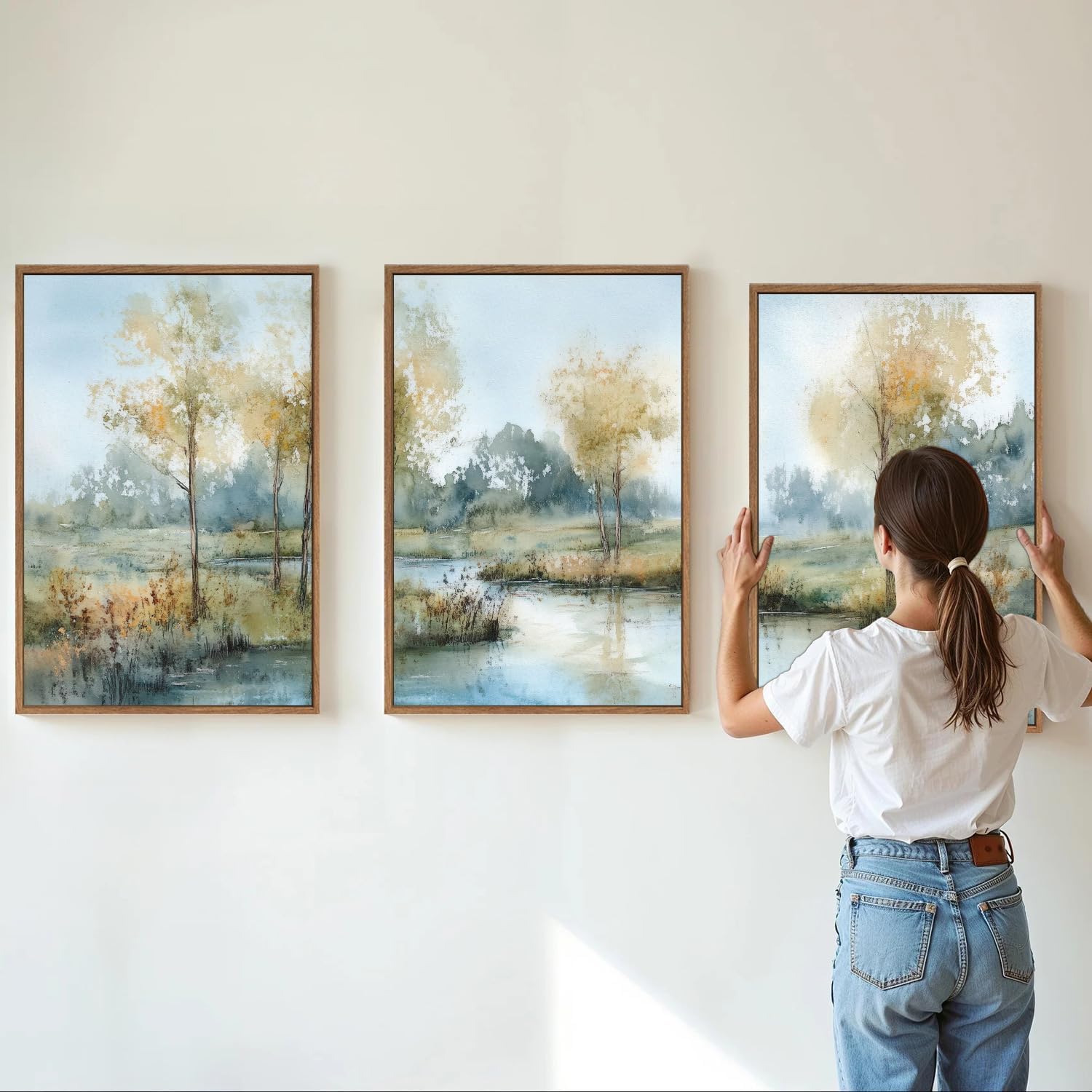 Yeehomedec Large Vintage Neutral Nature Framed Canvas Wall Art, Mid Century Modern Fall Wall Decor, Wilderness Landscape Art Painting, Rustic Country Trees Artwork for Living Room Bedroom Office 16"x24"x3 Nature Landscape Framed 24"L x 16"W