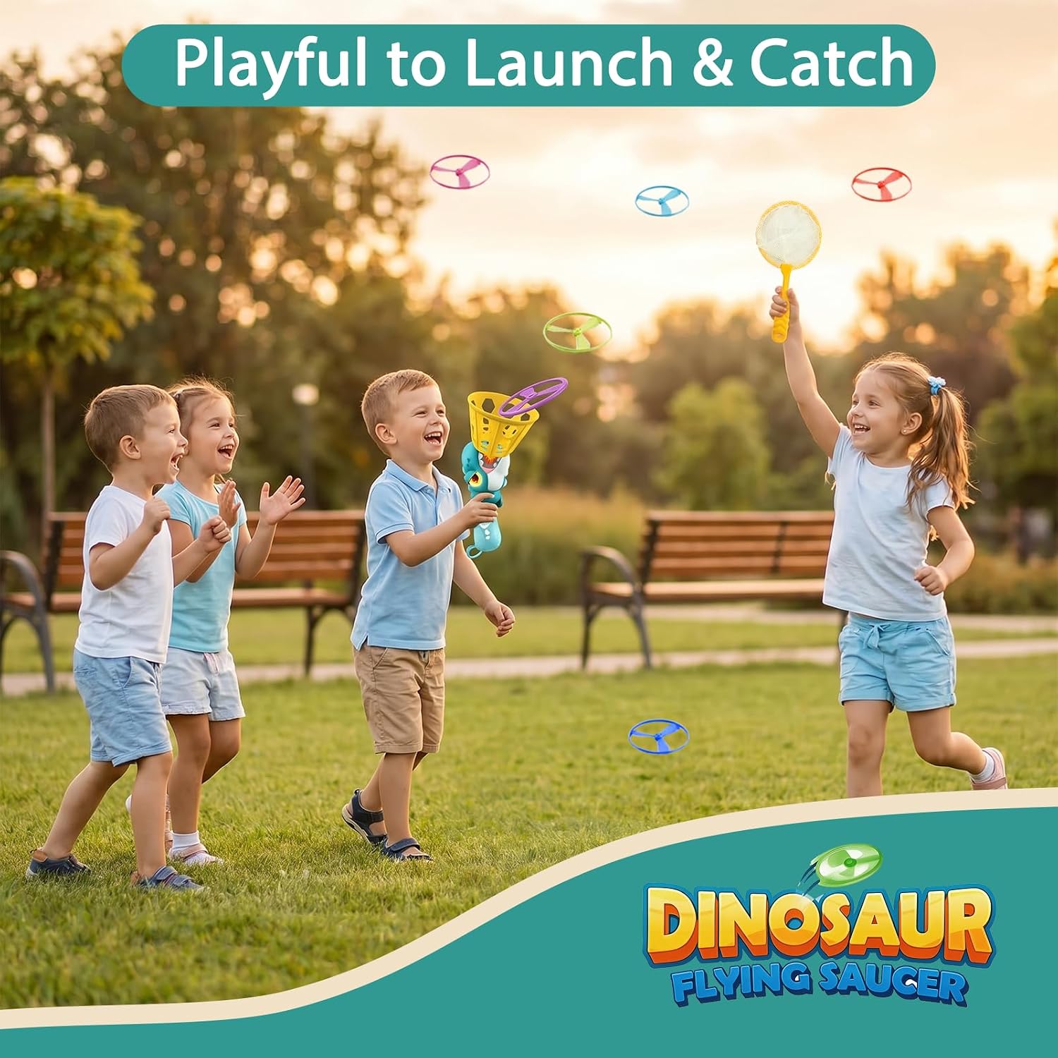 Outside Toys for Kids 4-8, Electric Dinosaur Flying Disc Launcher Toy for Kids, Automatic Flying Saucer Chasing & Catching Game for Boys and Girls, Outdoor Backyard Beach Indoor Active Toy - Blue image 3