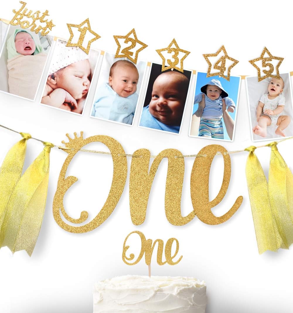 1st Birthday 12 months Photo Banner, Cake Topper, Highchair One Bunting. Newborn to 1 Year old Monthly Milestone Picture, Baby Boy & Girl First Gold Decorations Party Supplies