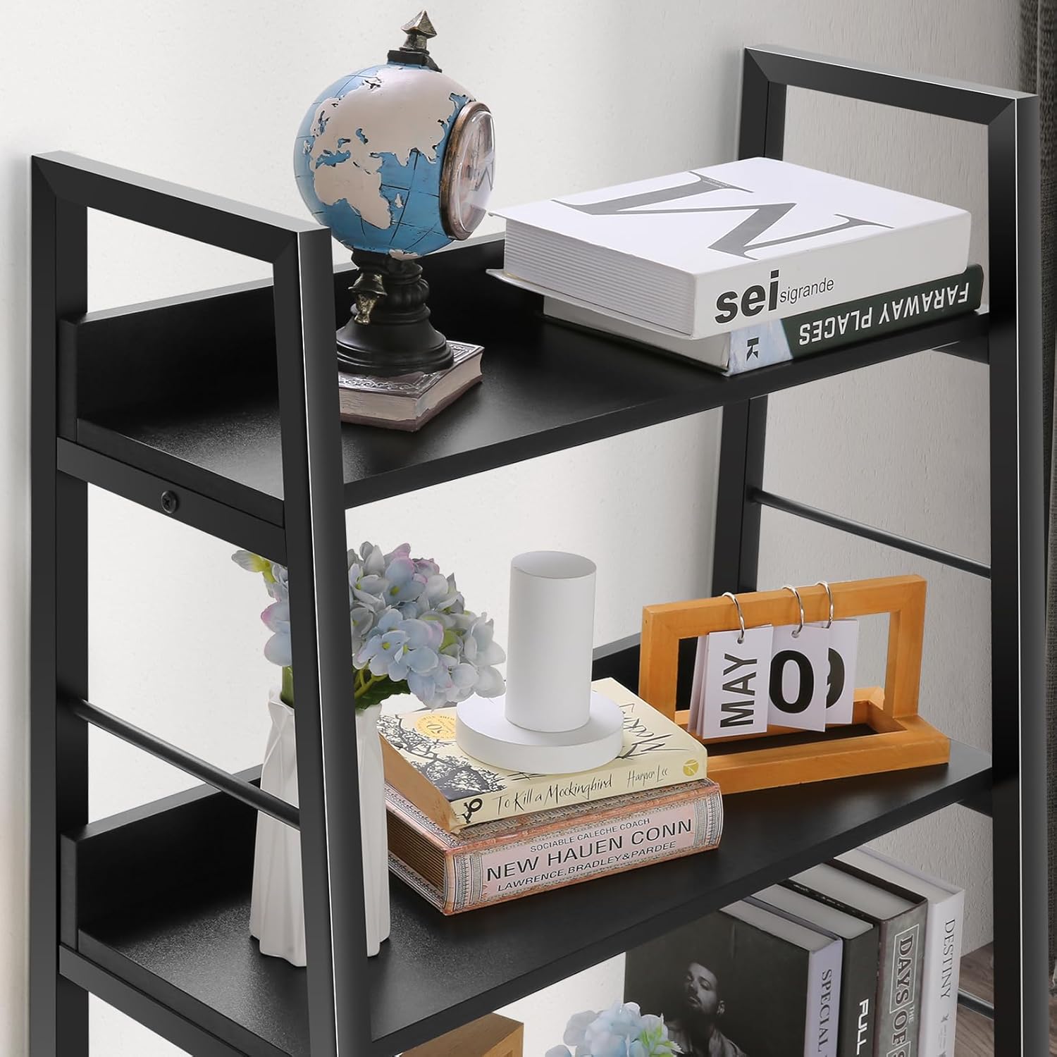 BATHWA 5 Tier Book Shelf, Black Industrial Open Wood and Metal Ladder Bookshelf, 59''H 24''W Wooden Ladder Shelf for Small Places, Living Room, Bedroom