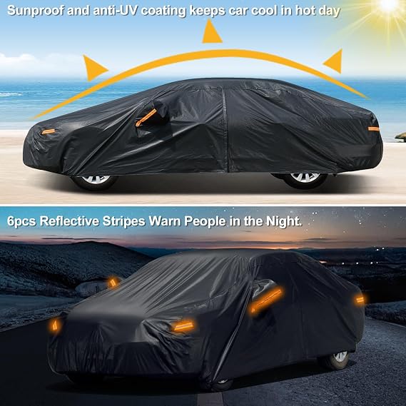 SEAZEN 7 Layers Car Cover Waterproof All Weather, Heavy Duty Car Cover for Automobiles with Zipper Full Exterior Cover Outdoor UV Snow Wind Protection, Universal Full Car Cover for Sedan 201 to 209