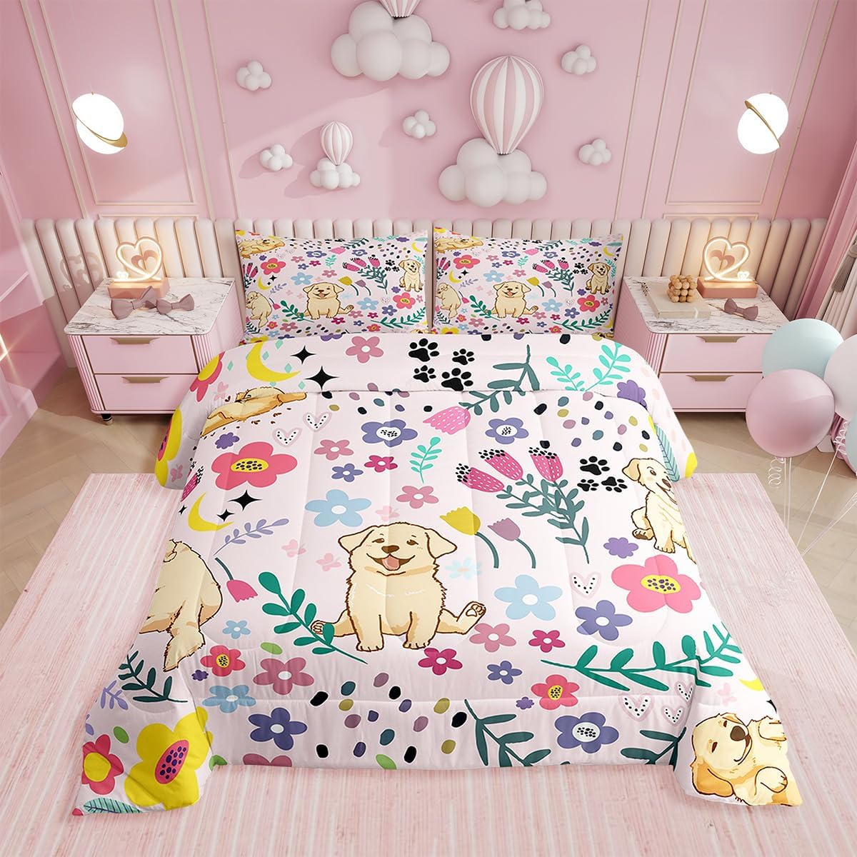 Erosebridal Floral Dog Comforter for Boys Girls Queen Pink Dog Bedding Set Cartoon Animal Comforter Sets,Cute Botanical Golden Retriever Puppy Bed Sets with 2 Pillowcases Soft