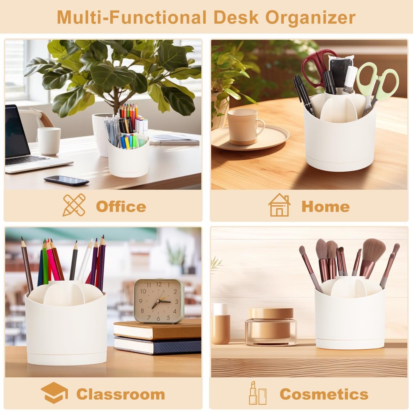 Stifteköcher Stifte Halter Bleistift- und Stifthalter mit 7 Fächern, um 360 Grad drehbar, Schreibtisch-Organizer for das Büro Schreibtisch-Organizer(Beige)