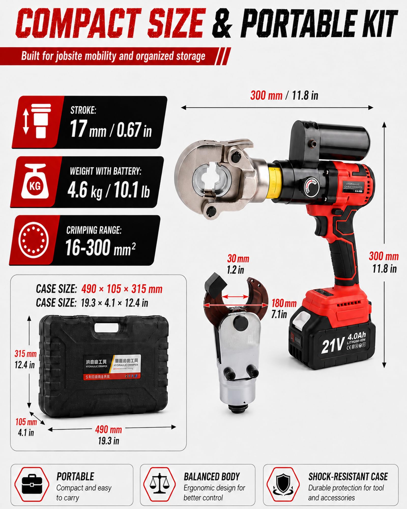 Praska Hydrauliczna do Końcówek & Obcinak do Kabli, 16–300 mm²