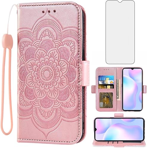 Asuwish Compatible con Xiaomi Redmi 9A Redme 9i Funda tipo cartera y protector de pantalla de vidrio templado funda de cuero con tapa para tarjetas
