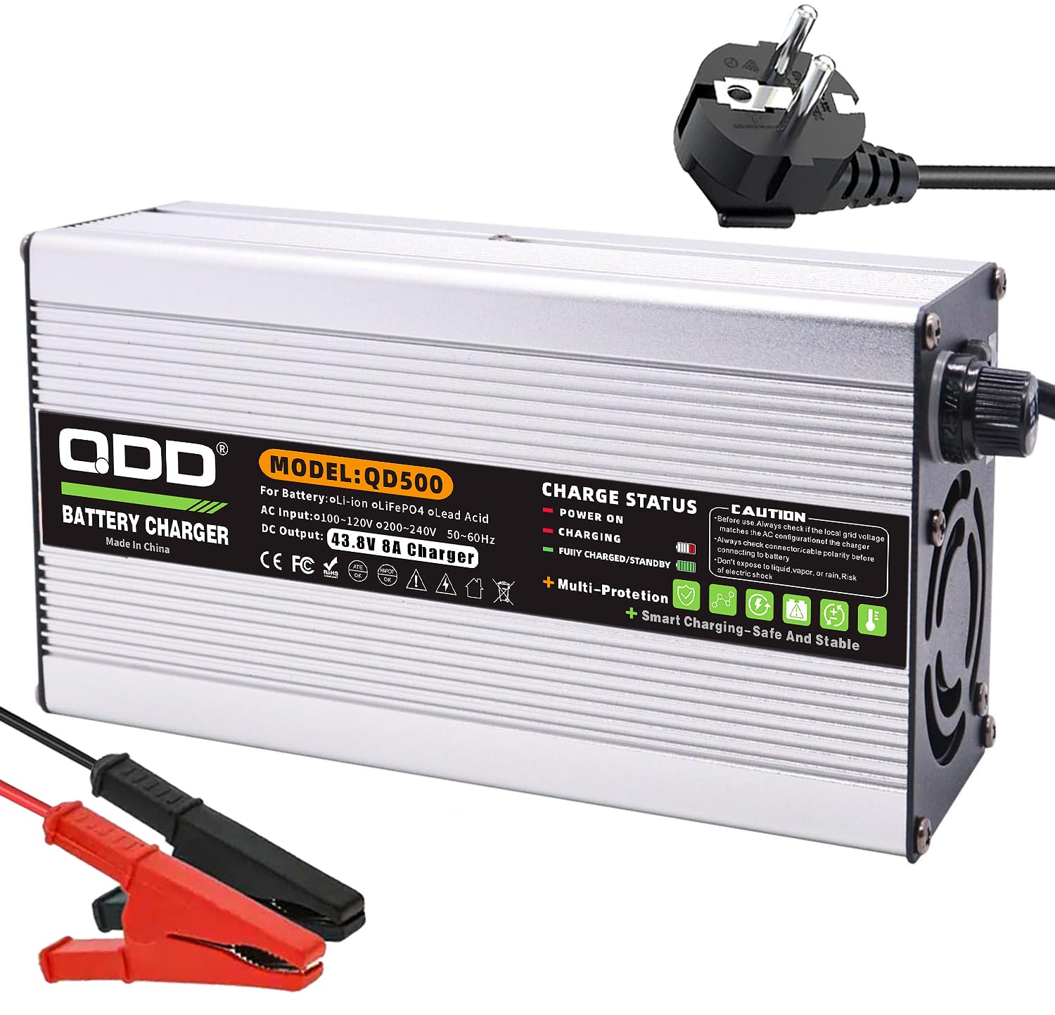 QDD Inteligentna ładowarka do baterii 43,8 V 8 A, srebrne aluminium z wentylatorem do 12S 36 V opakowanie z przyłączem zaciskowym krokodylkowym