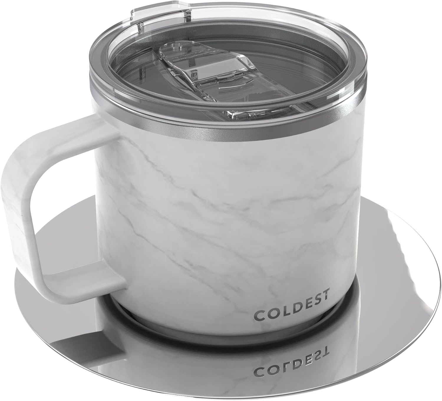 Stackable Insulated Espresso Cup with Saucer by Coldest - Insulated Triple Wall Travel Stainless Steel Travel Double Shot Espresso Coffee Mug with Sliding Lid (4 oz, Carrara Marble)