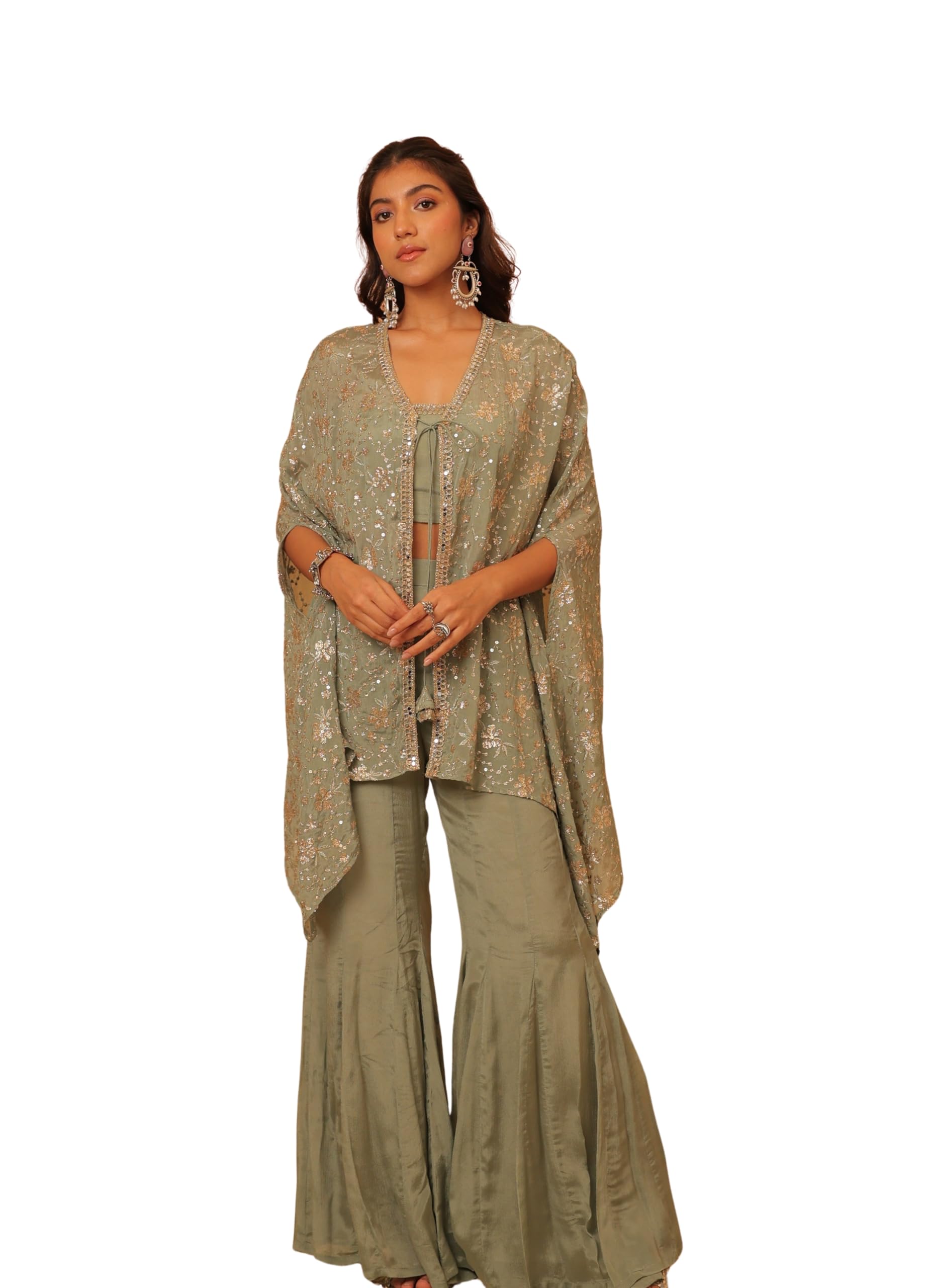 Women's Ethnic Cape Set, Smoke Green, Size L, Cotton Chinon, Embroidered Tube Top with Godet Pants-image-26