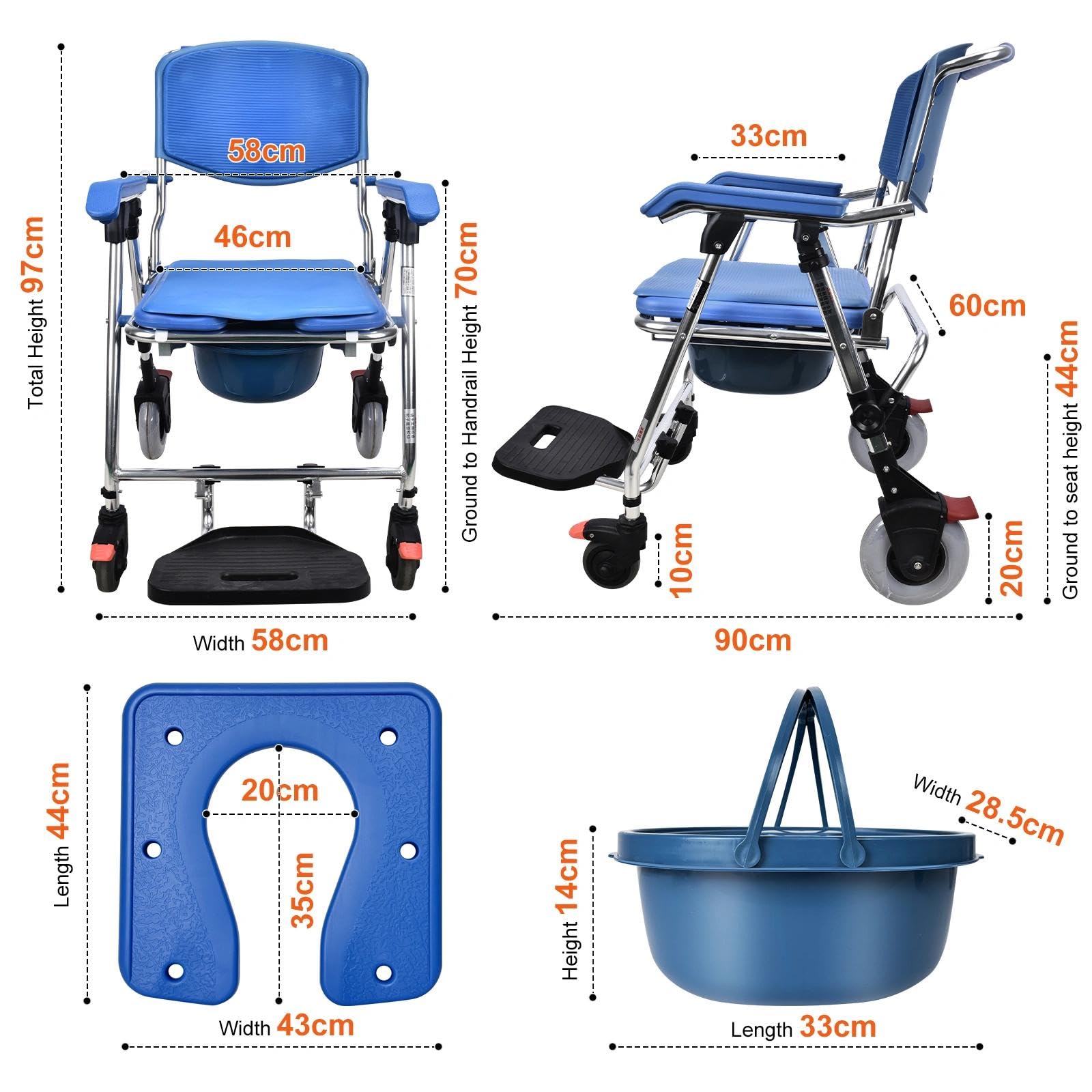 Toilettenstuhl mit Rollen 150kg, Multifunktionaler Duschstuhl für Senioren mit Rollen, Klappbar Toilettenstuhl mit Bequemem Sitzkissen für Senioren, Schwangere, Behinderte