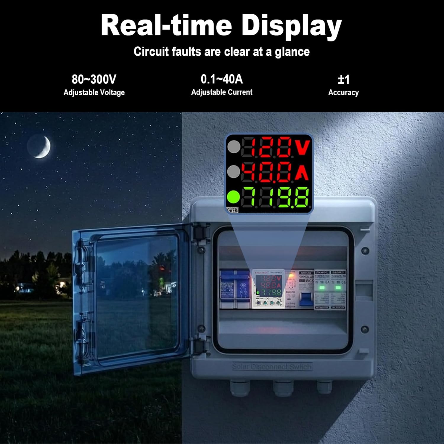 SINOTIMER protector's real-time display showing voltage, current, and energy consumption in an electrical panel.