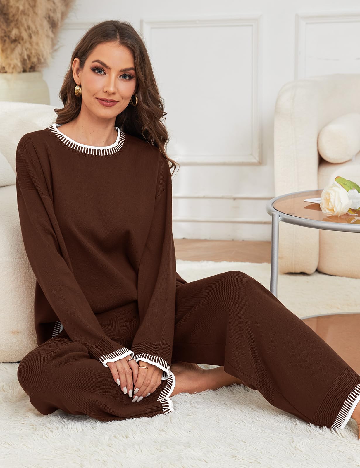 Xnova Completi Tuta in Maglia Donna 2 Pezzi Set, Loungewear Pantaloni a Gamba Larga e Maglia A Maniche Lunghe, Tute Maglione e Pantalone Elastico In Vita per Autunnale e Invernale