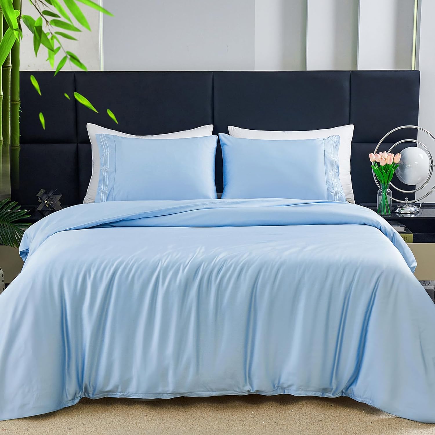 Cooling Duvet Cover King Size - 100% Viscose Derived from Bamboo - 600 Thread Count Luxury 3 PCS Duvet Cover Set - Silky, Breathable, Cooling Comforter Cover with Zipper and Corner Ties (Blue)