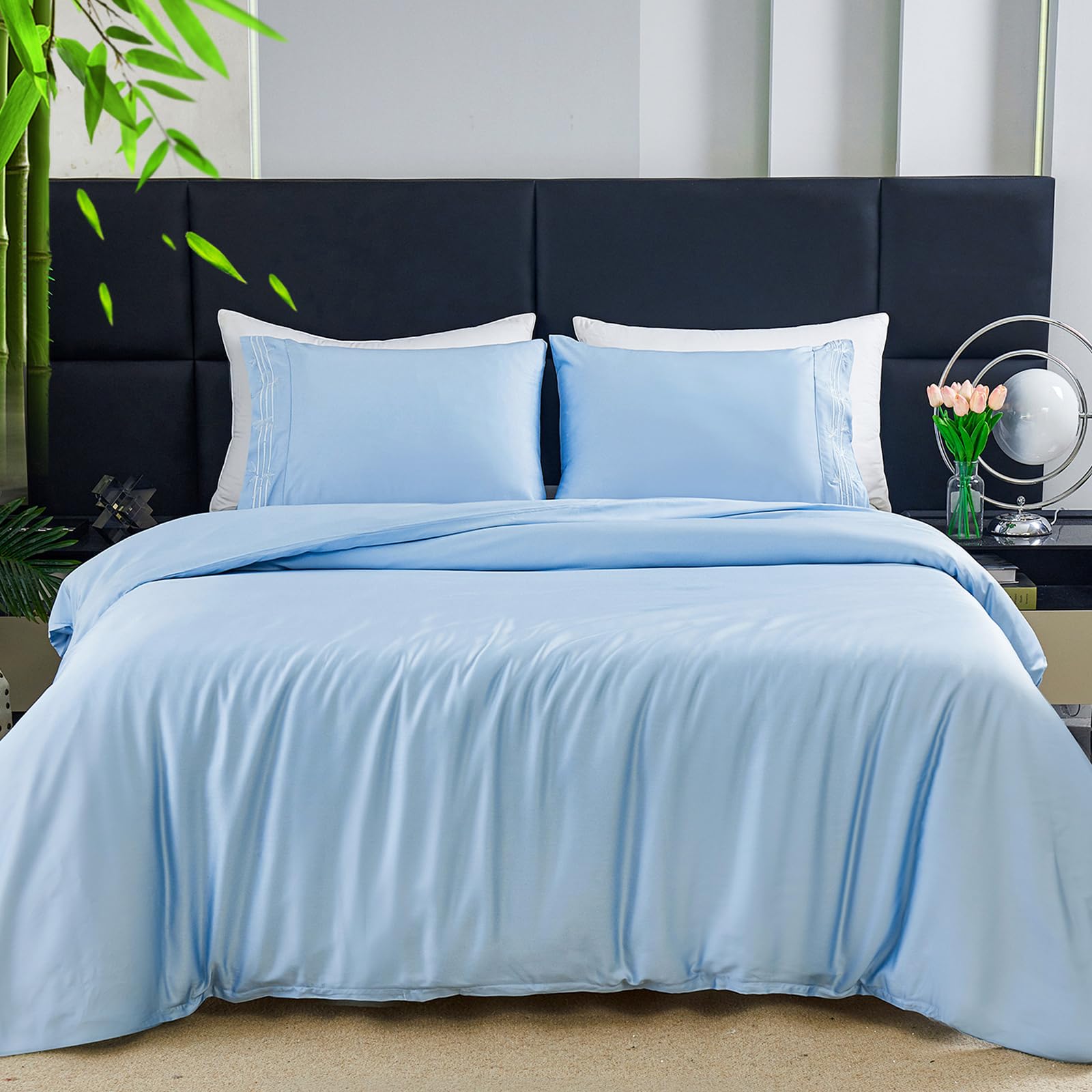 Cooling Duvet Cover Queen Size - 100% Viscose Derived from Bamboo - 600 Thread Count Luxury 3 PCS Duvet Cover Set - Silky, Breathable, Cooling Comforter Cover with Zipper and Corner Ties (Blue)