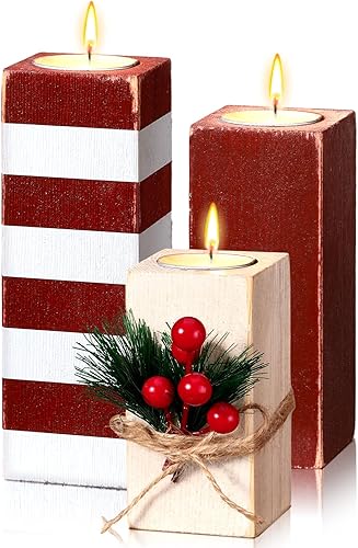 3 velas LED sin llama de Navidad, funciona con pilas, con portavelas de madera, rayas rojas y blancas, decoración de casa de campo, portavelas de