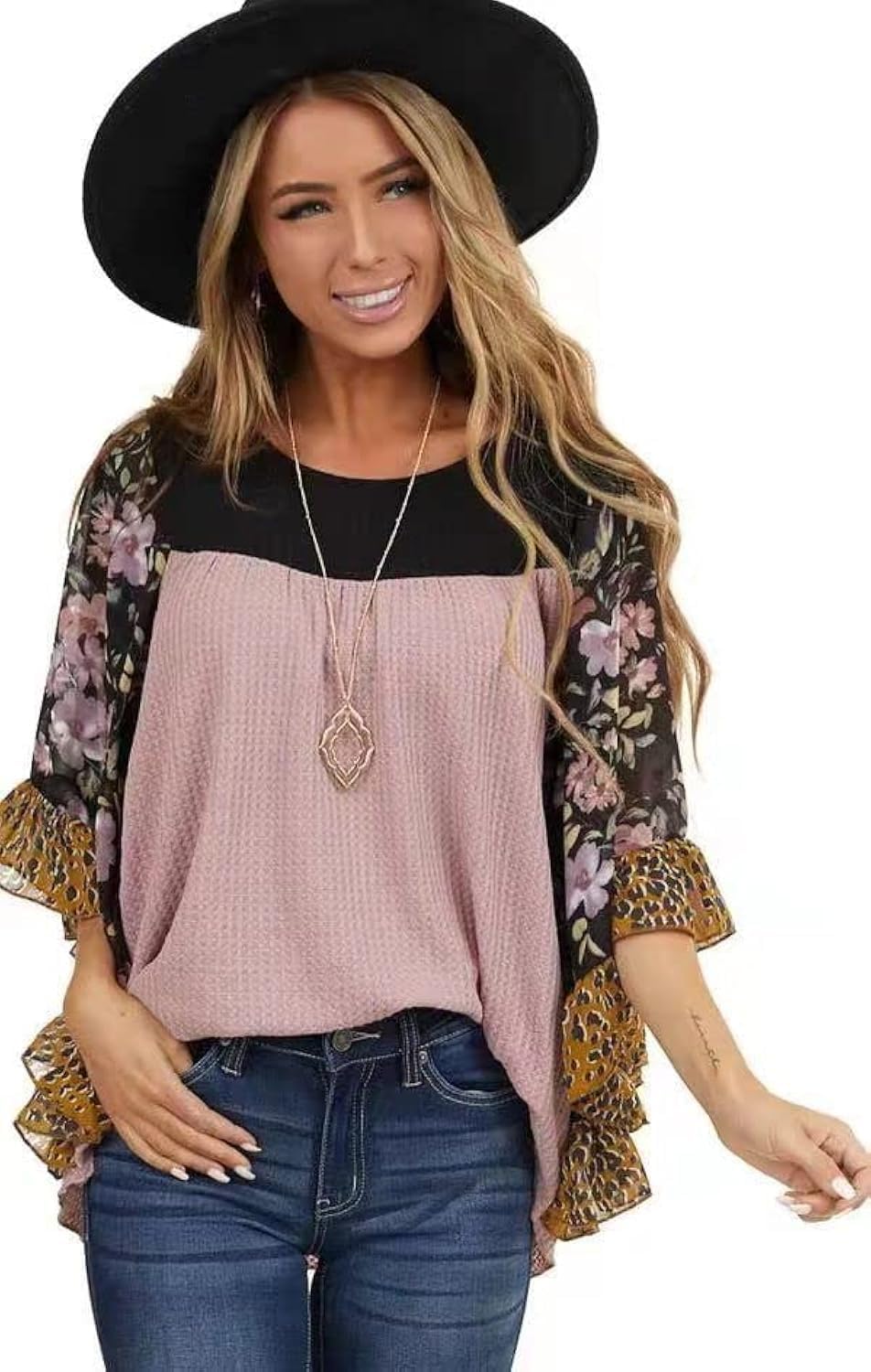 Womens Floral Printed 3 4 Sleeve Shirt Batwing Loose Tops Blouses Pullover