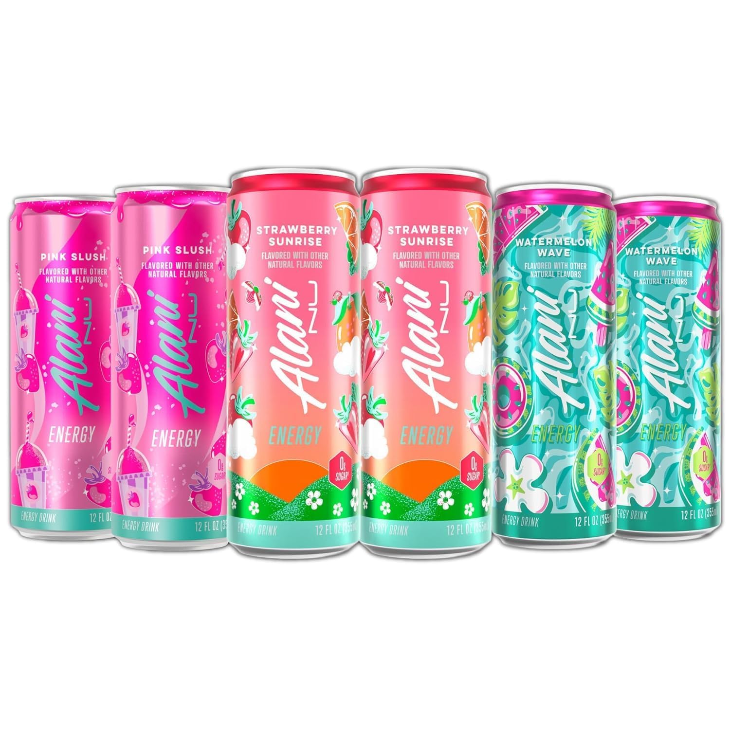 New Alani Energy Drinks Strawberry Sunrise, Watermelon Wave, Pink Slush Variety Pack Sugar-Free, Low-Calorie, 200mg Caffeine, Energy Boost Drink 12 fl oz (Pack of 6) (Packaging May Vary)