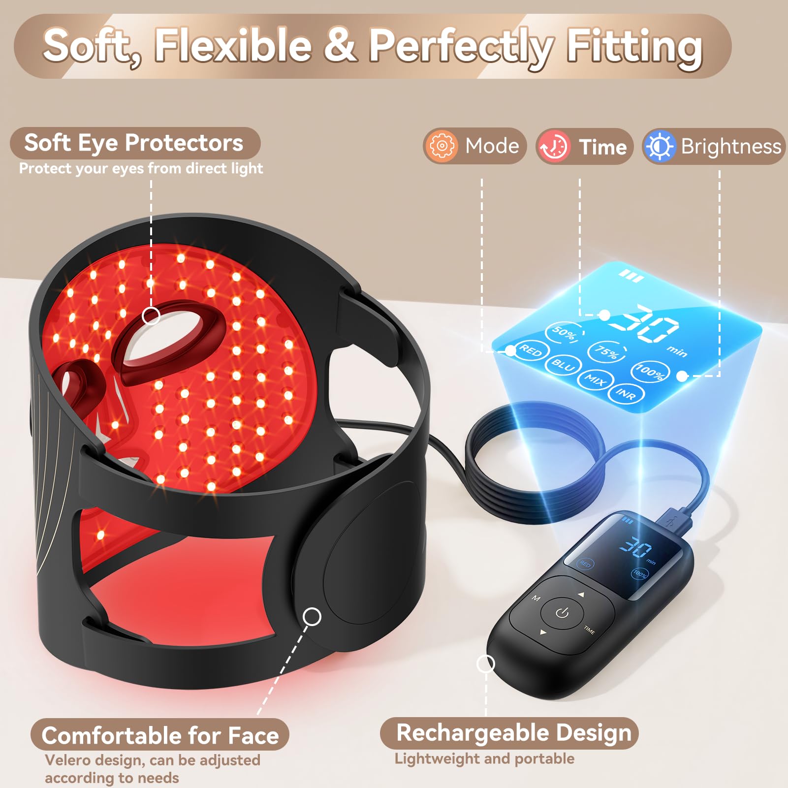 LED Mask – Maschera Luce Rossa Viso: 400 Perle LED Potenziate per Anti-età e Rigenerazione della Pelle con 4 Colori per Cura del Viso a Casa con Funzione Timer Telecomando e Protezione Occhi
