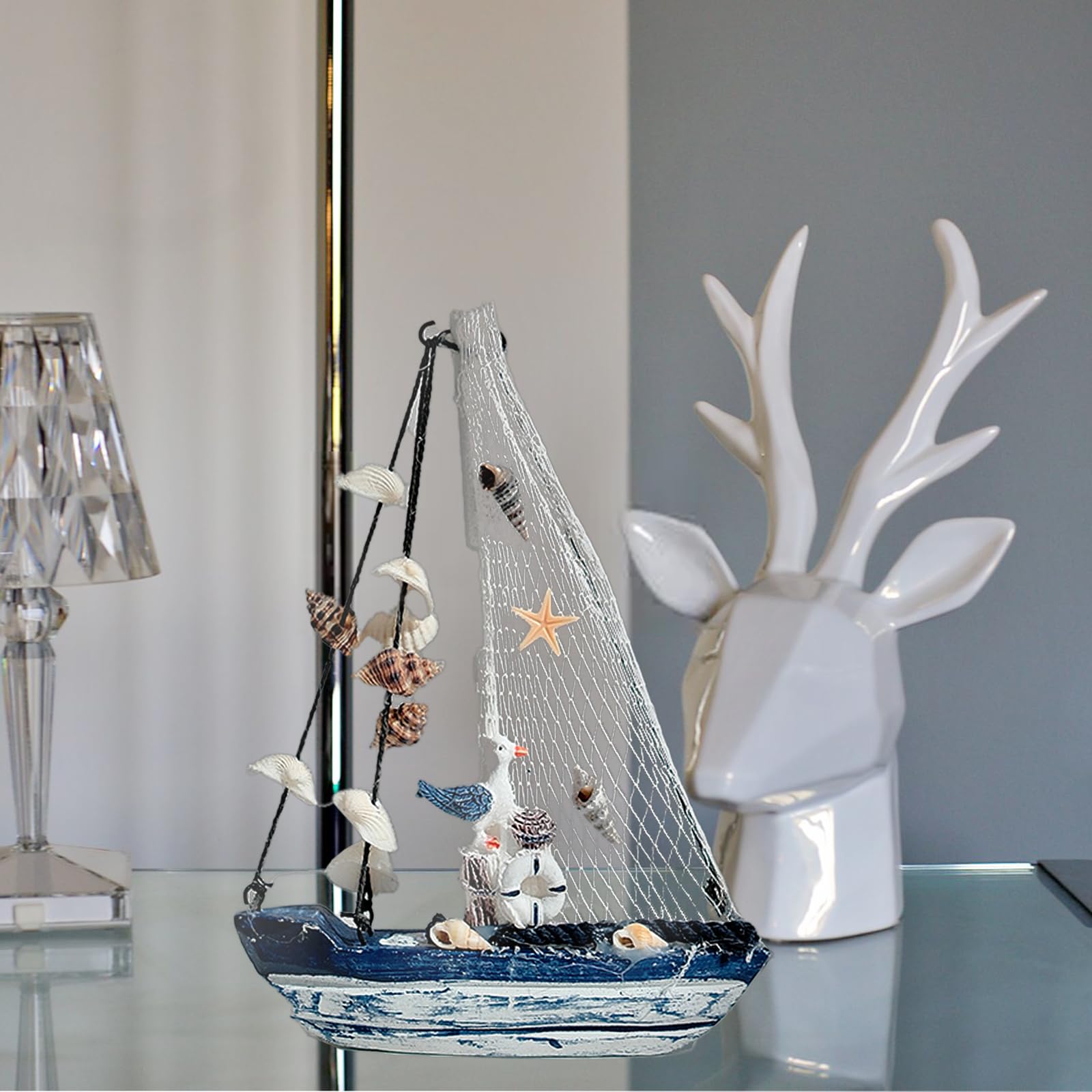 Molyorch Legno Ornamenti Barca, legno Barca vela legno miniatura per delle mare sulla spiaggia modello barca vela legno con rete pesca, barche a vela in legno e metallo