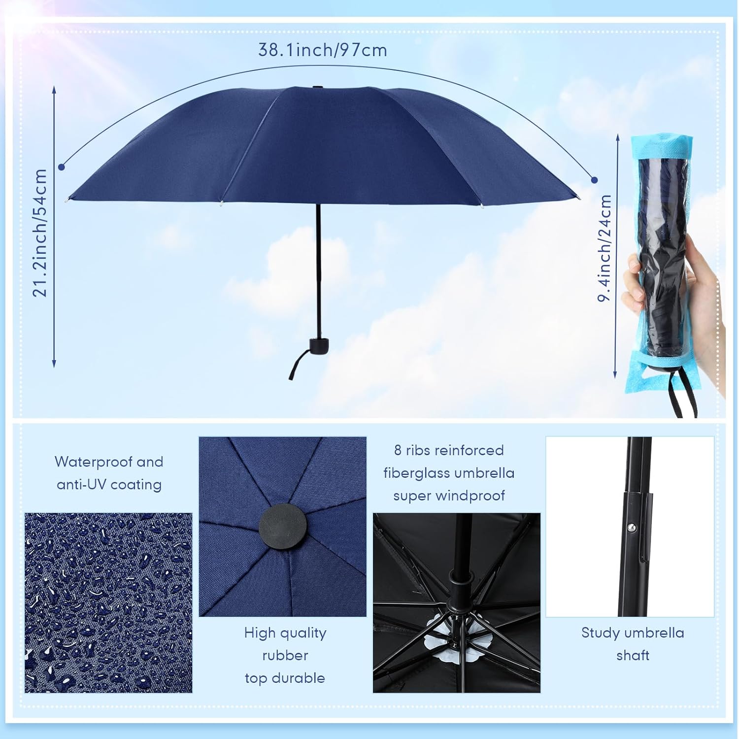 Silkfly Folding Umbrella Bulk Windproof Portable Lightweight Travel Mini Umbrella for Rain UV Sun 37.8 inches