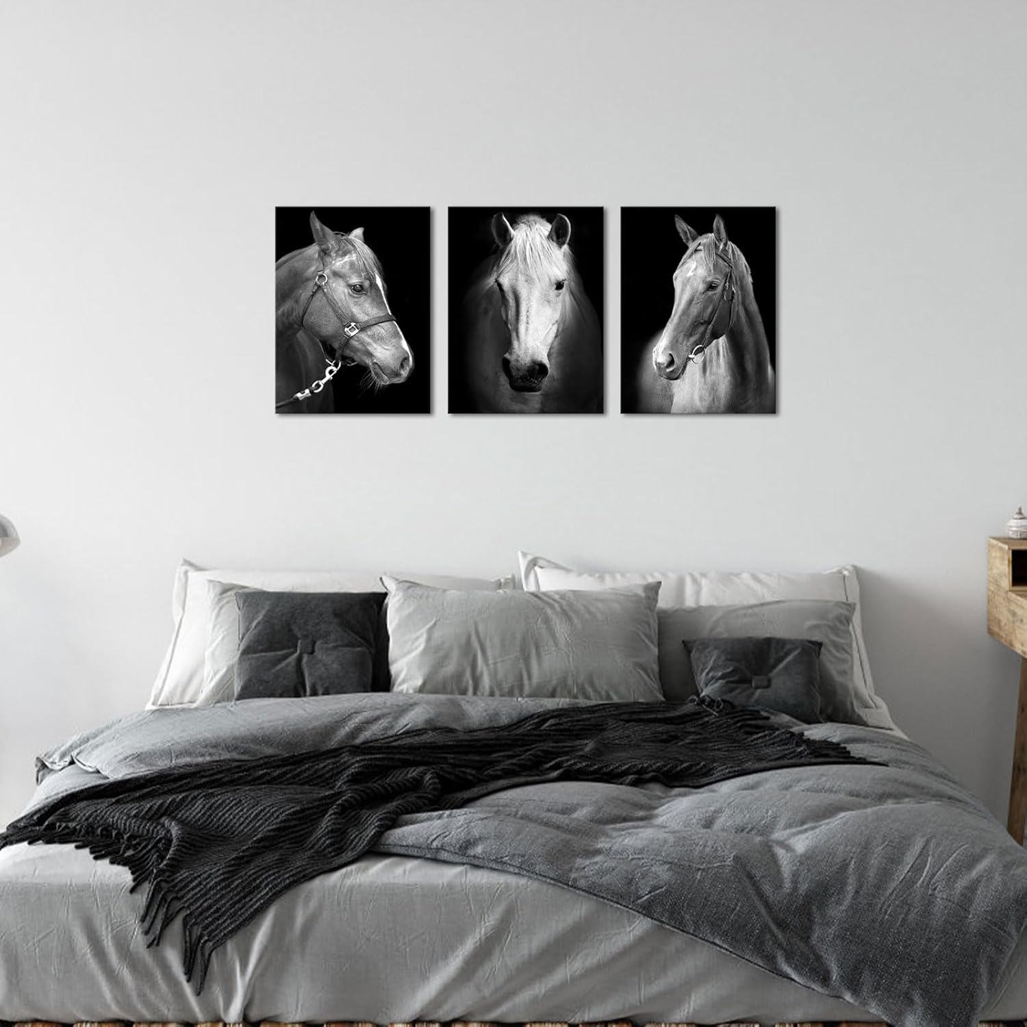 LyerArtork 3 Panel Black and White Horses Painting Picture Print on Canvas Vintage Animals Canvas Wall Art Wooden Stretched Framed Posters Prints for Home Men Office Bedroom Decoration 12"x16"x3pcs