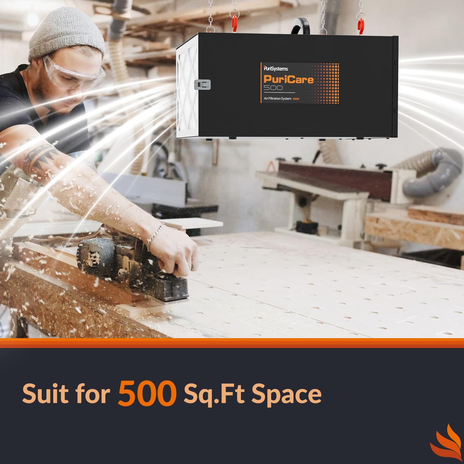 Purisystems - Sistema de filtración de aire remoto de 3 velocidades, filtro de aire colgante PuriCare 500 con control remoto RF para carpintería, purificador de aire de cochera, colector de polvo,