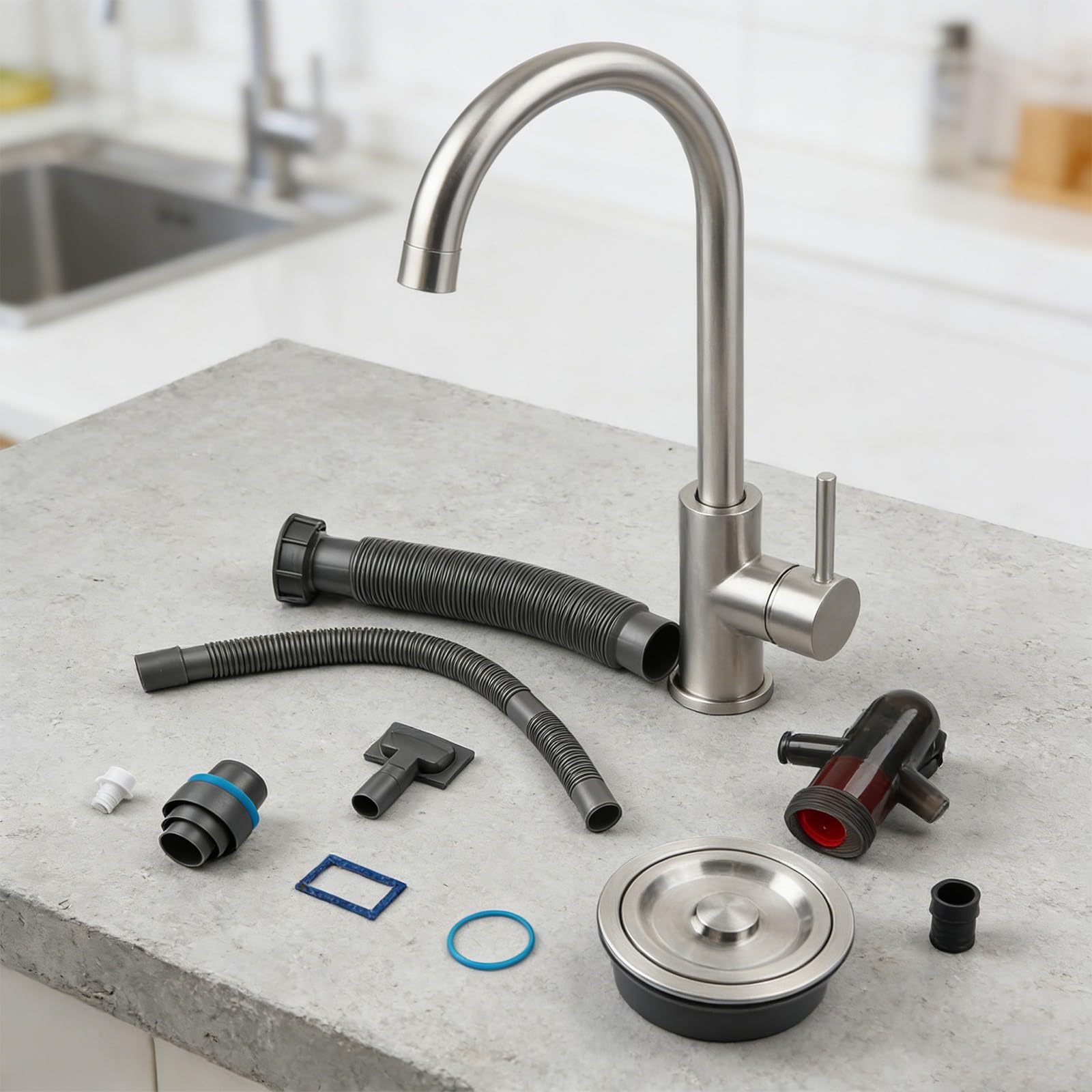 ReachMall Set di tubi di scarico per lavello da cucina, doppia ciotola, in acciaio inox, neutralizzazione degli odori per un efficiente lavaggio dei piatti e collegamento idraulico