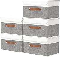Vista 8 de OUTBROS Cajas de almacenamiento, contenedores de almacenamiento plegables con tapas, cestas de almacenamiento de tela de algodón y lino con asa