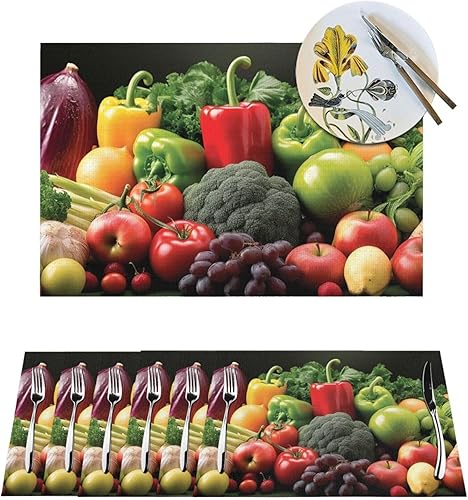 Juego de 6 manteles individuales de PVC con diseño de frutas y verduras, antideslizantes, 12 x 18 pulgadas, juego de manteles individuales duraderos