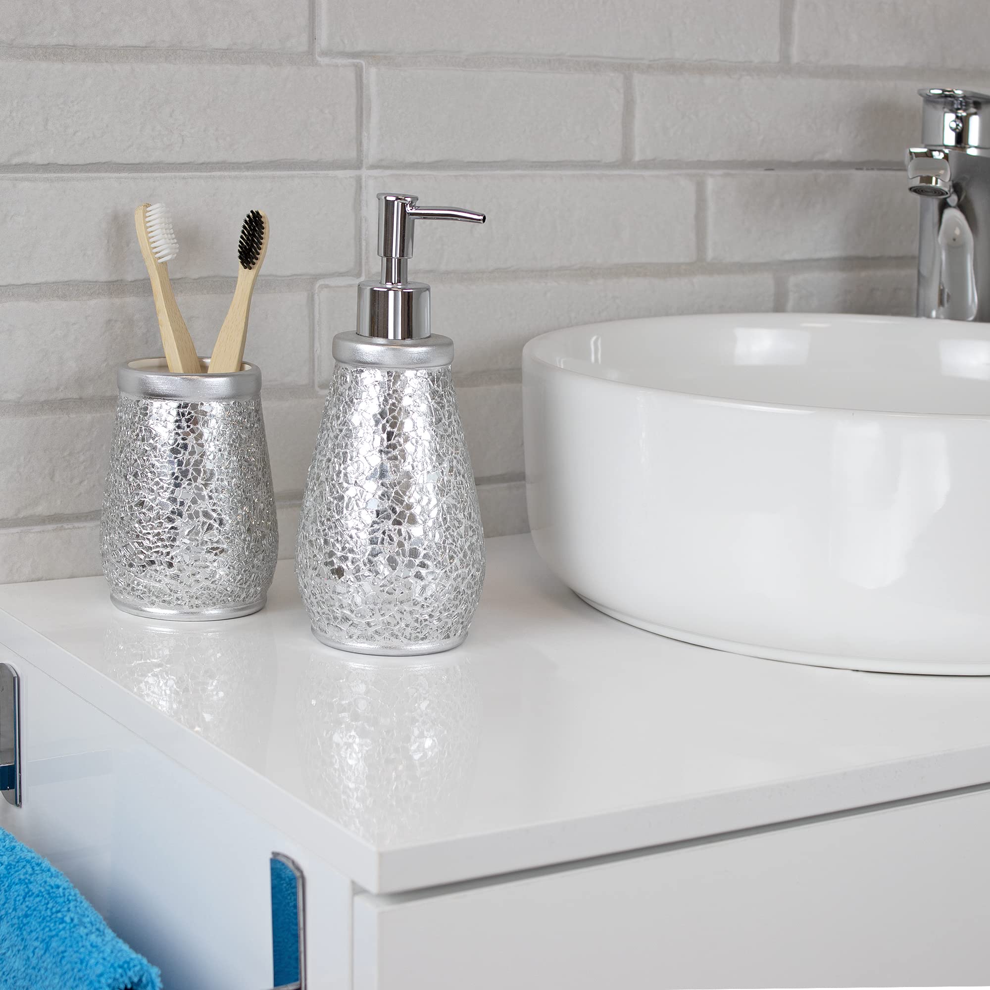 Vaso Cepillo Dientes baño | Serie Trencadis Plata | Resina y Cristal | Color Plata | para baño o Cocina | 8 cm ∅ x 12 cm Alto