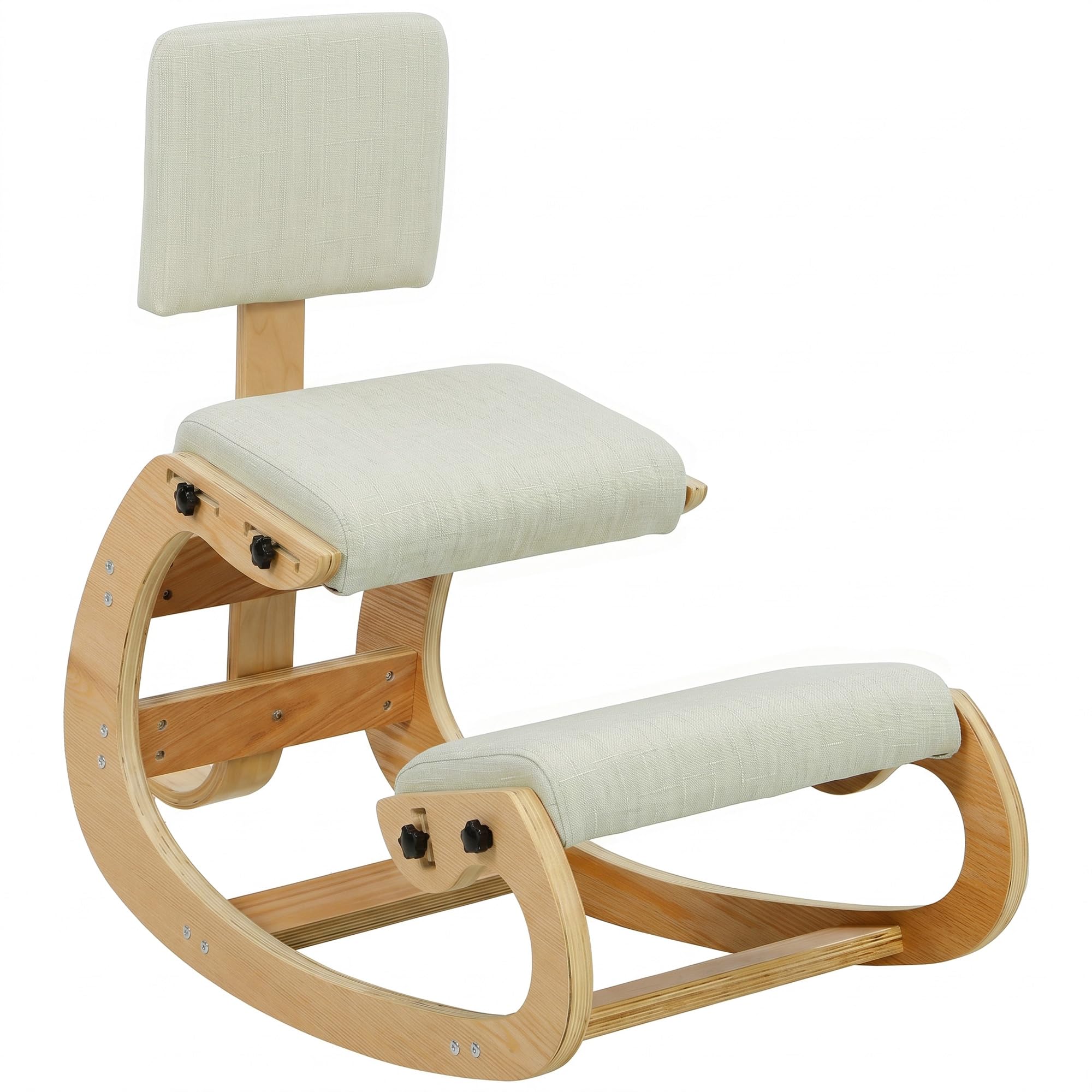 HOMCOM Silla ergonómica de Rodillas con Respaldo, Base Mecedora de Abedul, Tela Tipo Lino y Espuma, para casa/Oficina, Blanco Crema