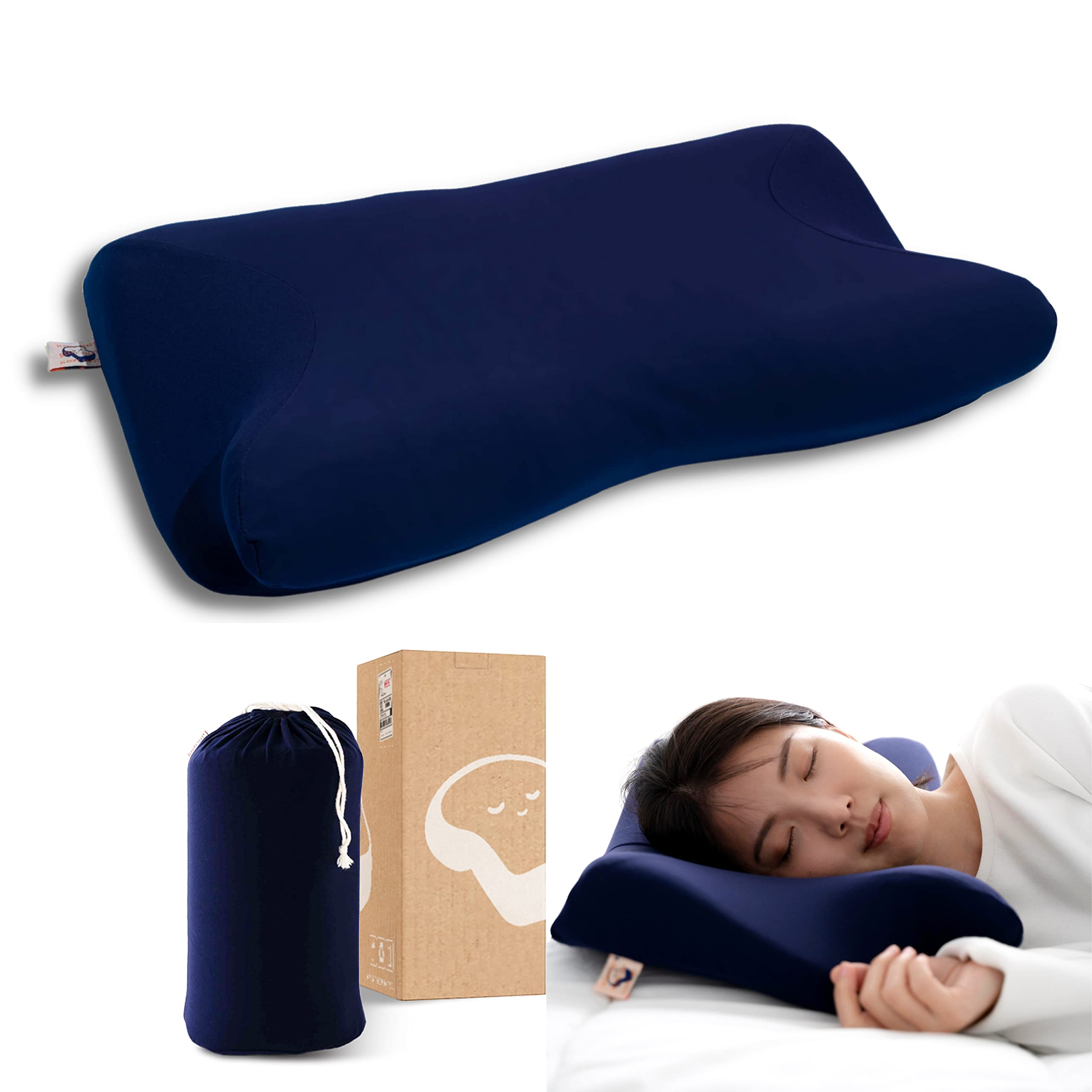 SLEEPY TOASTCervical Neck Pillow for Pain Relief Sleeping, New Butterfly Ergonomic Contour Memory Foam Design for Back and Side Sleepers, Cooling Pillow Cases with Bag-Navy