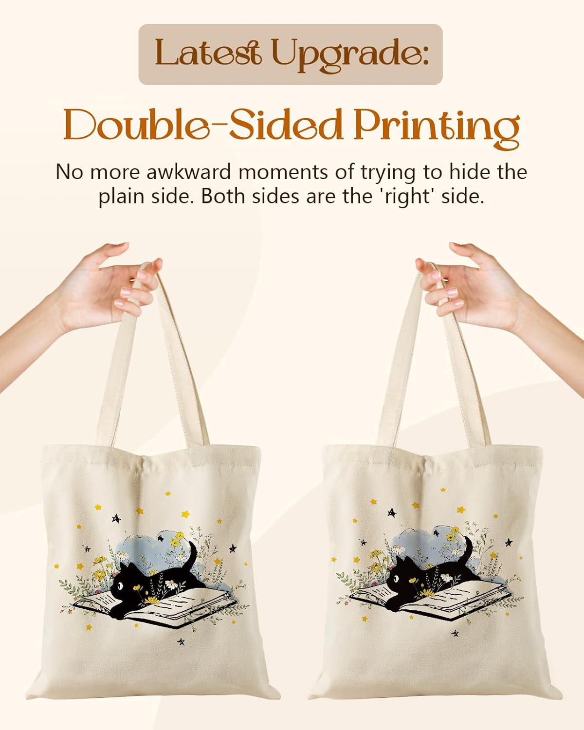 Canvas Tote Bag for Women – Aesthetic Canvas Bag with Zipper Cute Stylish Reusable Shoulder Totes for Shopping Work Daily Vacation, Cat Read - Image 5