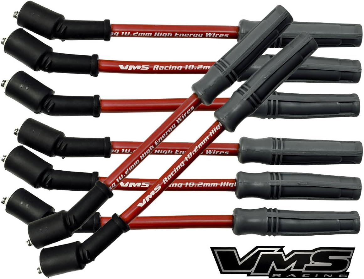 VMS RACING Red 10.2mm High Performance Engine Spark Plug Cables Ignition Wires Wire Set 32829 Compatible with 4.8L 5.3L 6.0L 6.2L VORTEC Chevy Chevrolet GMC LS Engines | 8 Longer wires Vortec Trucks |