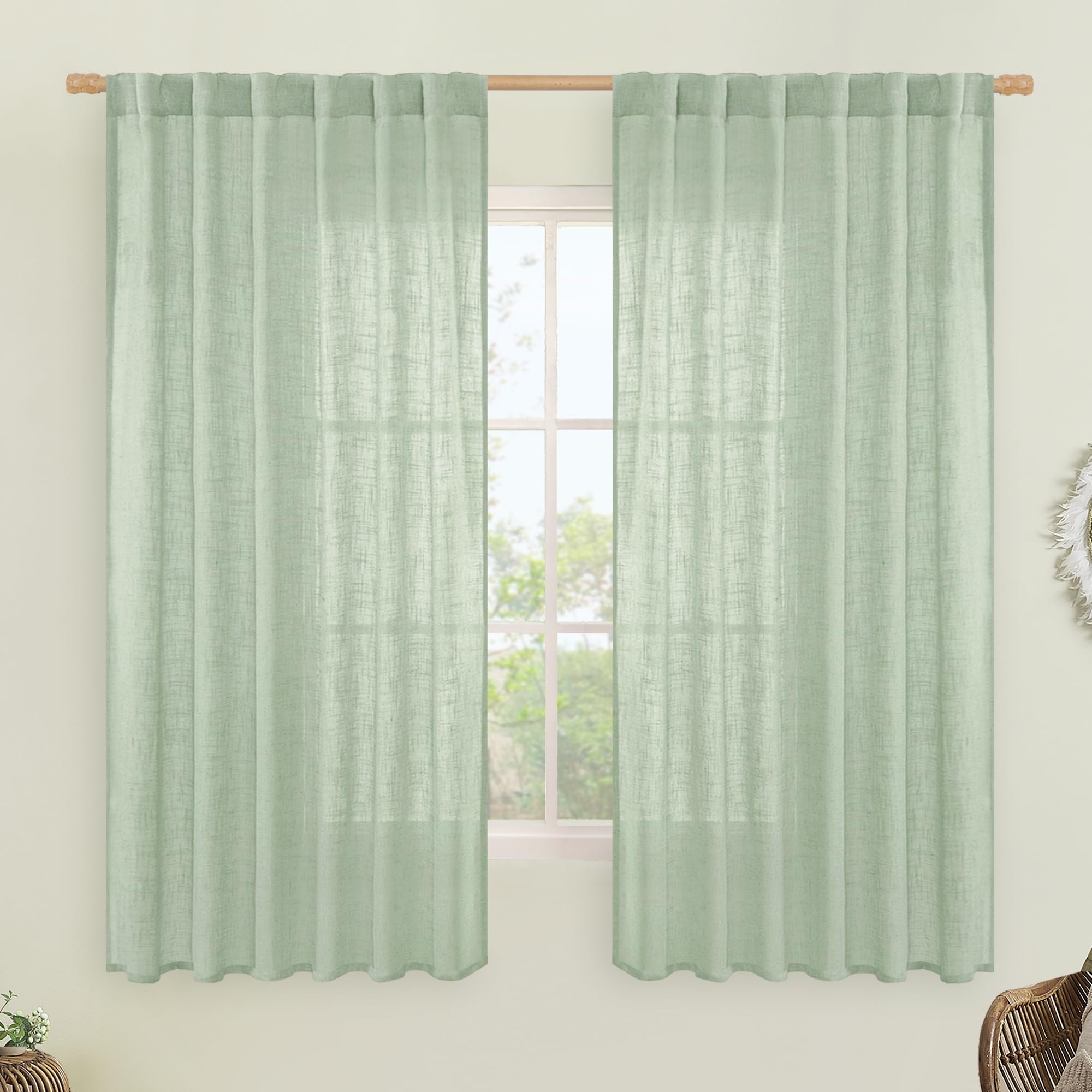 LAMIT Sheer Linen Curtains 63 Inch for Bedroom, Light Filtering Neutral Semi Sheer Farmhouse Boho Curtains Back Tab and Rod Pocket Living Room Panels, Fresh Green, 2 Panels, 52 x 63 Inch โ image 1