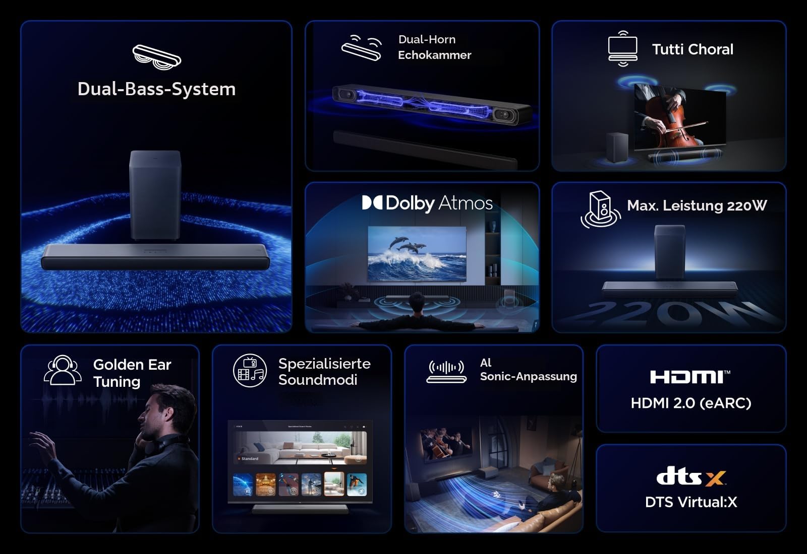 TCL S55HE Soundbar 2.1 Kanal mit kabellosem Subwoofer, 220W Heimkino-Lautsprecher, Dolby Atmos, DTS Virtual:X, Sound Expansion, Bluetooth 5.3, HDMI eARC, USB, Optisch, Wandmontage möglich
