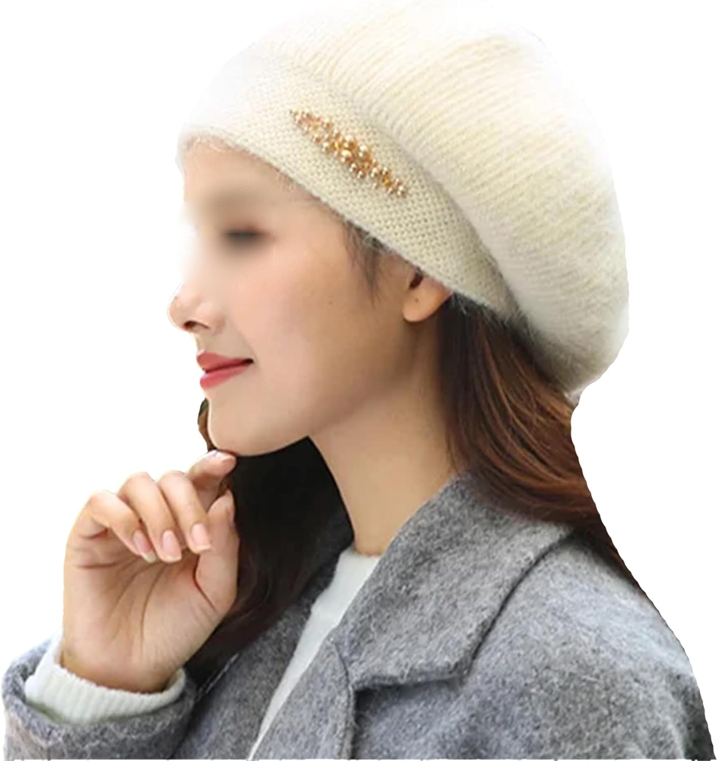 Women's Winter Warm Double Layer Angora Beret Cap with Pearl Girl's Fall Outdoor Thicken Thermal Snow Skiing Beanie Hats