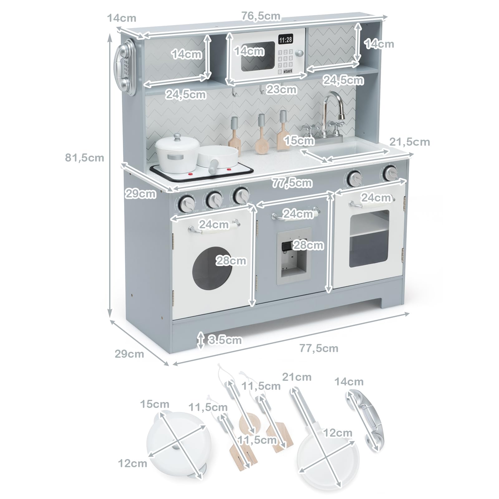 DREAMADE Spielküche Kinderküche mit Licht und Sound, Kinderspielküche mit Spüle Herd Backofen Mikrowelle, Kinder Küche aus Holz mit Spielzubehör für Kinder ab 3 Jahren