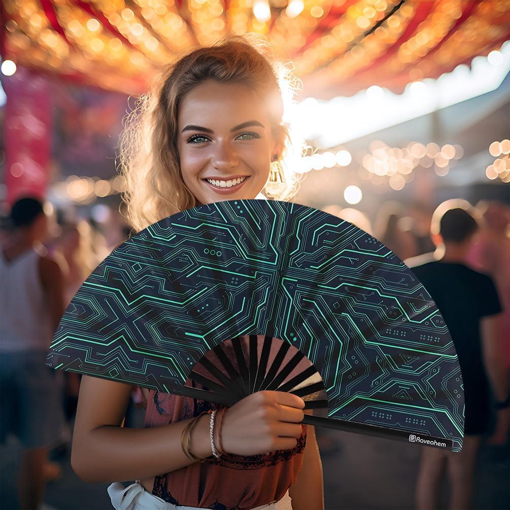 Large Folding Fan, 13 Inch Clack Rave Fan Hand Held Fan for Women Men with Premium Satin Fabric, Thick Bamboo Frame for EDM, Music Festival, Party, Dance, Decoration, Gift (Tech Glow)