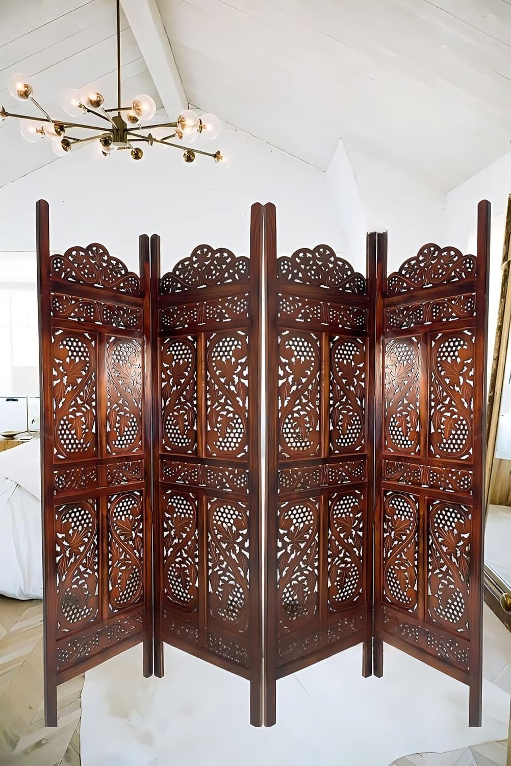GULSHAN ART Wooden Partition Wall Divider & Pooja Screen Divider for Living Room Wood Privacy Screen Divider for Studio Area 6 Feet-Brown-(4 Panels).-image-37