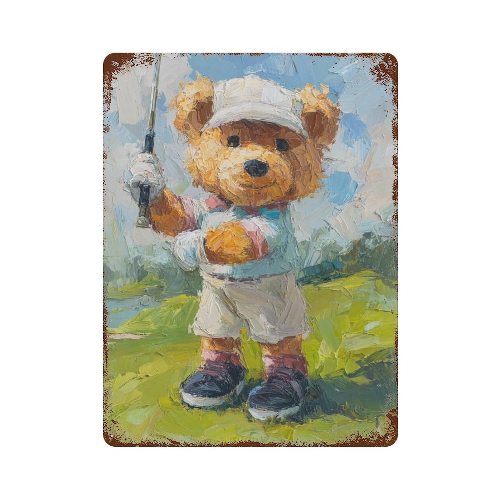 Teddy Bear Fishing Painting Rusty Metal Tin Sign 15.7"x11.8", Industrial Home Decor for Garage, Pub Or Kitchen